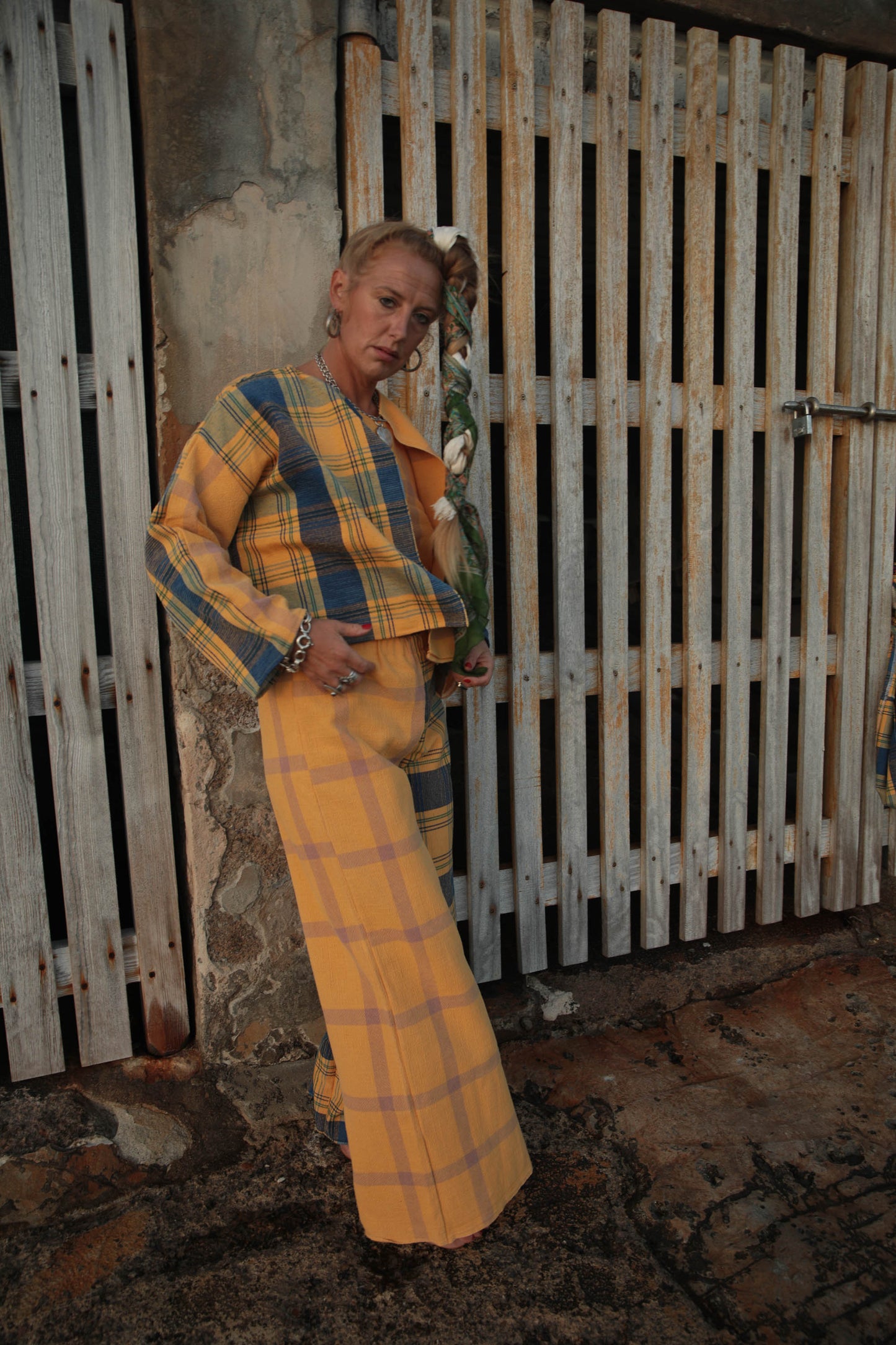 Up-cycled vintage cotton short jackets only from vintage textiles patch together with a yellow and blue checked design.