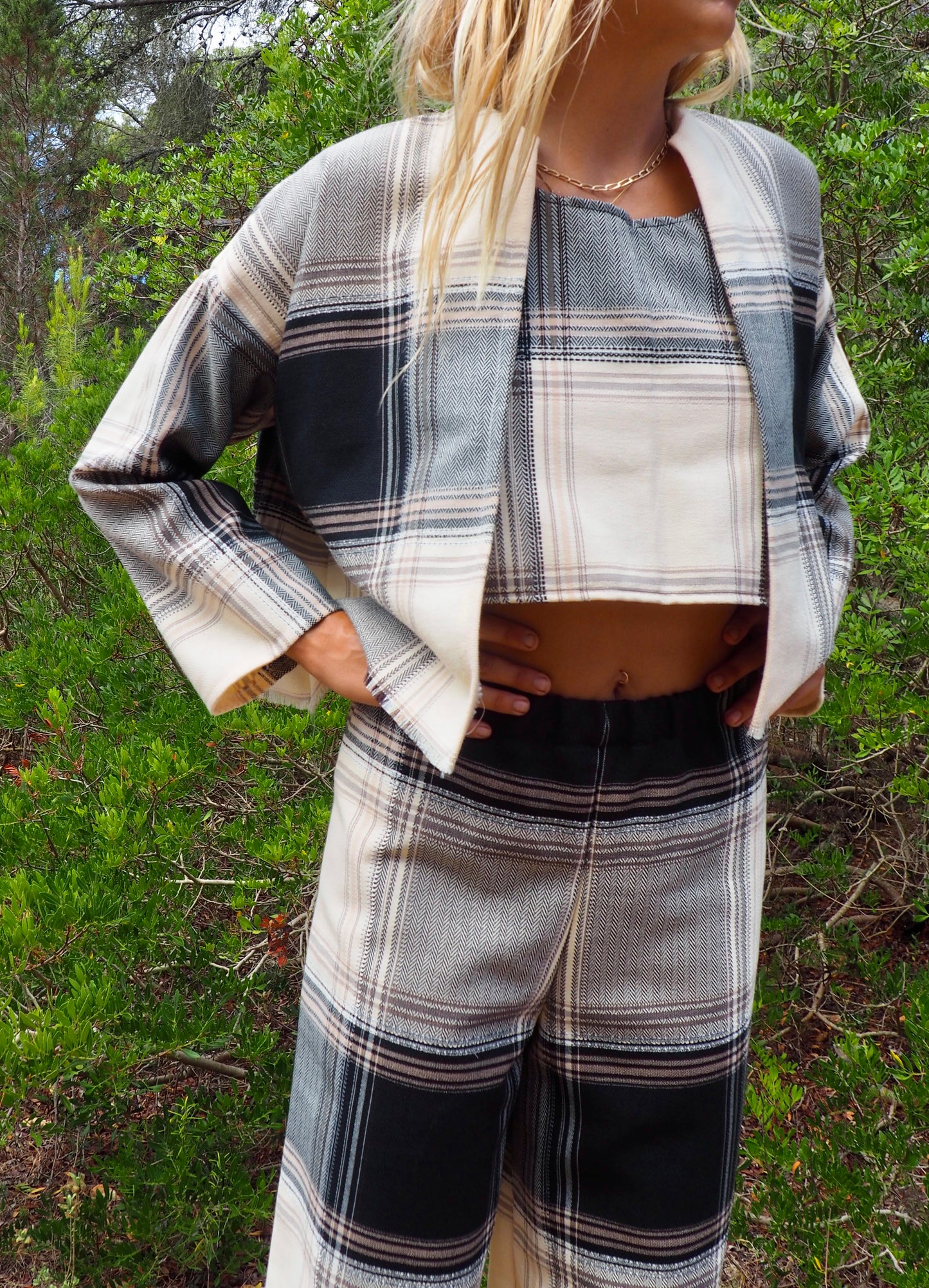 Up-cycled black and white checked cropped jacket nice quality a high end woven made by Vagabond Ibiza
