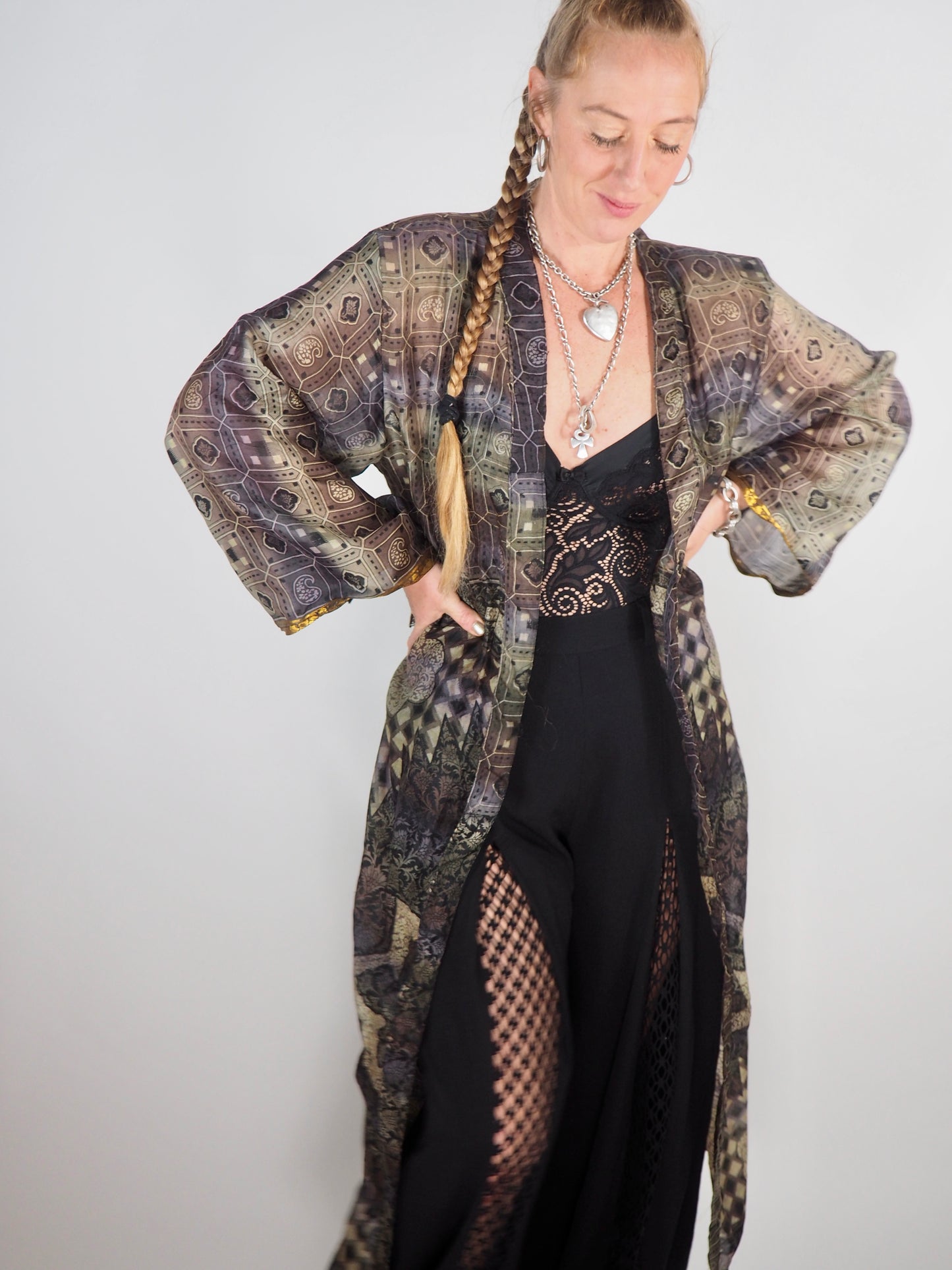 The Kardash Long Kimono – Up-cycled Vintage Sari long Kimono Robe with Waist Tie + Matching Scrunchy & Storage Bag