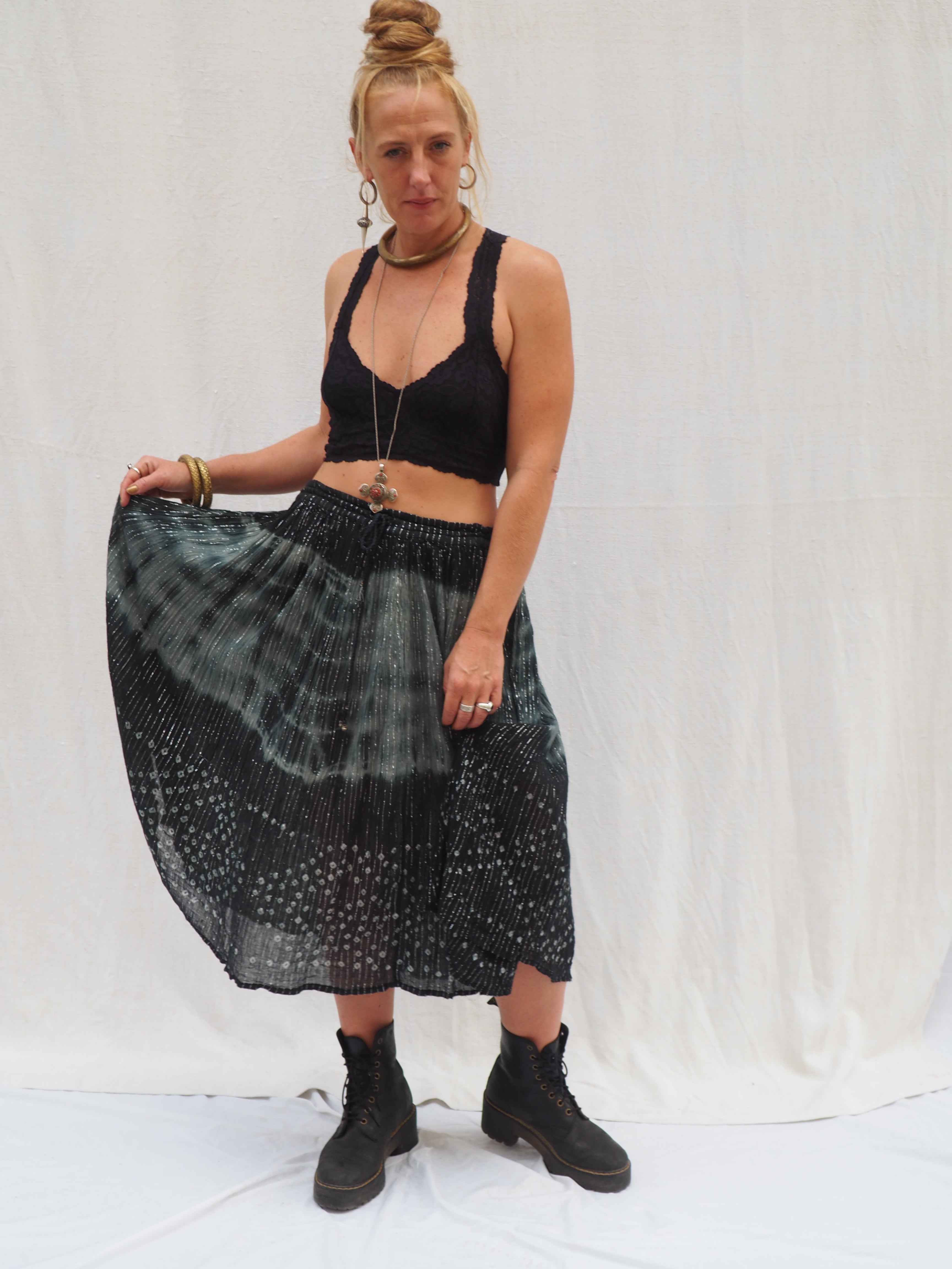 Vintage 1970s Indian Cotton Gauze Skirt with Tie Dye and Silver Thread Vagabond Ibiza