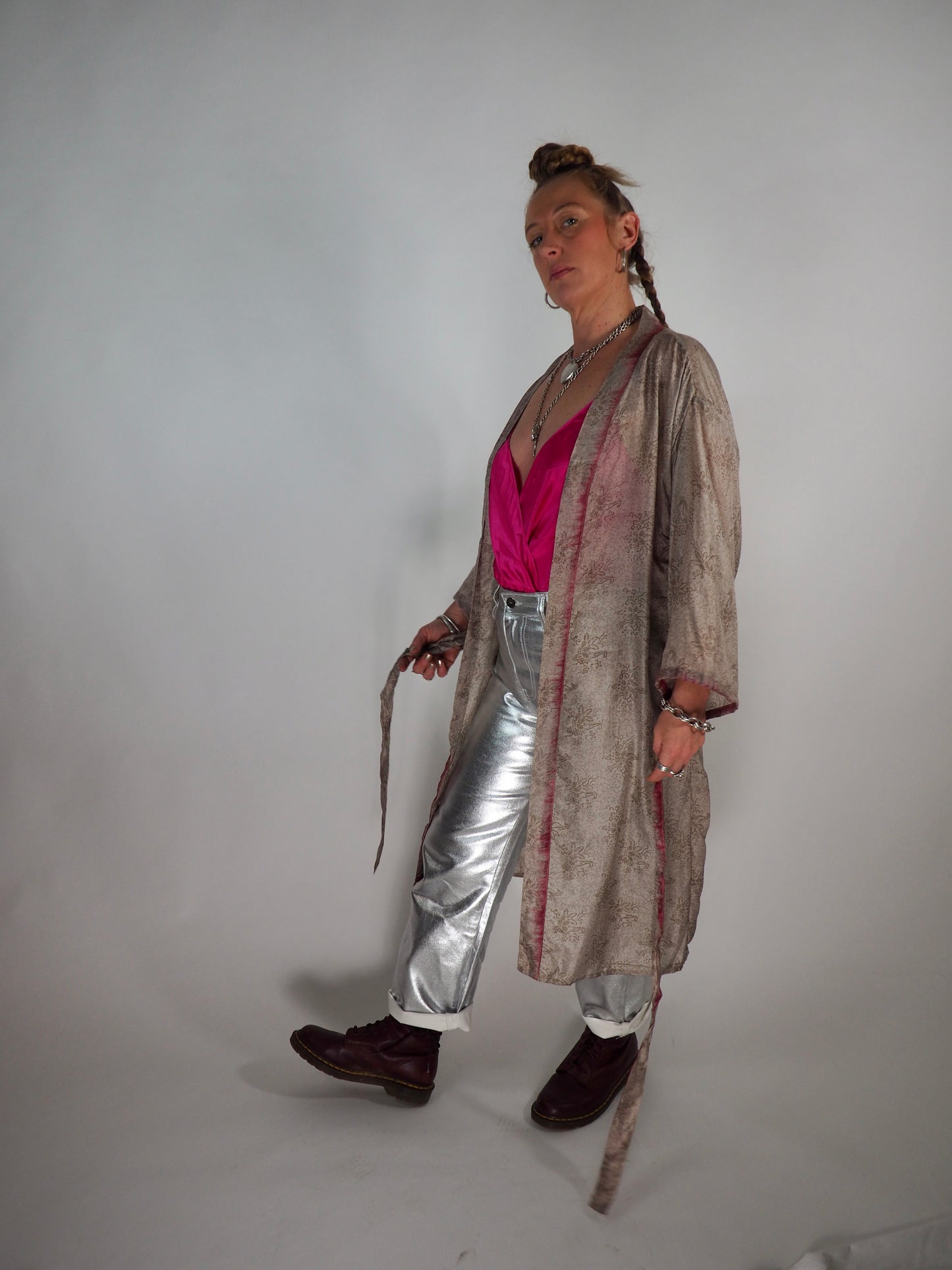 The Kardash Medium-Length Kimono – Up-cycled Vintage Sari Kimono Jacket with Waist Tie + Matching Scrunchy & Storage Bag