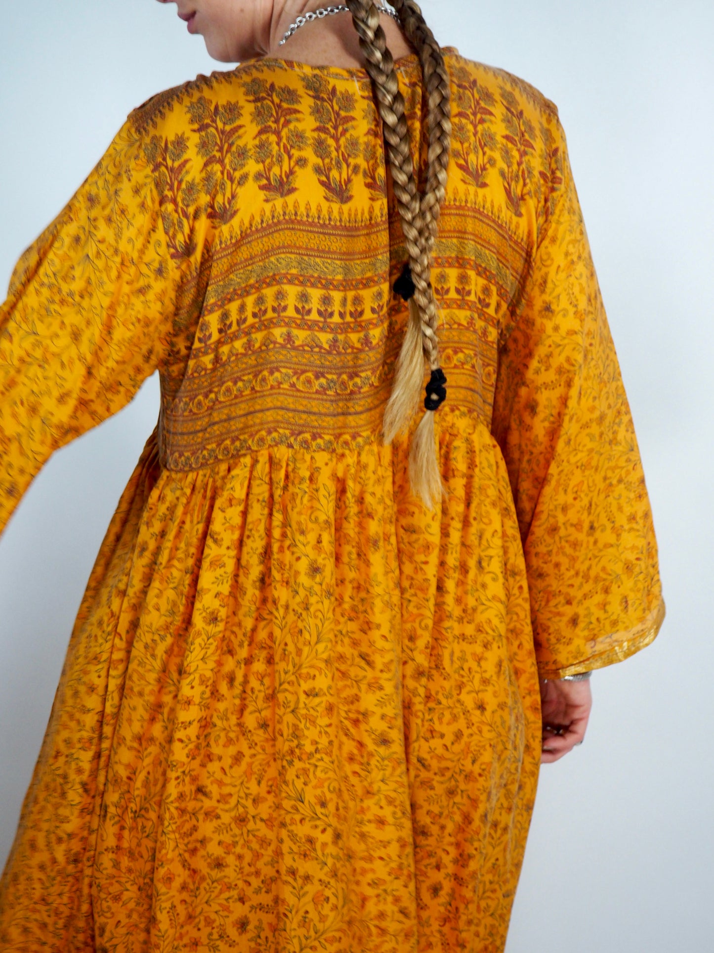 The Vadella Up-cycled Vintage Re-cycled Sari Maxi Dress – Sustainable Boho Dress with Tie Neck Detail + Matching Scrunchy & Bag