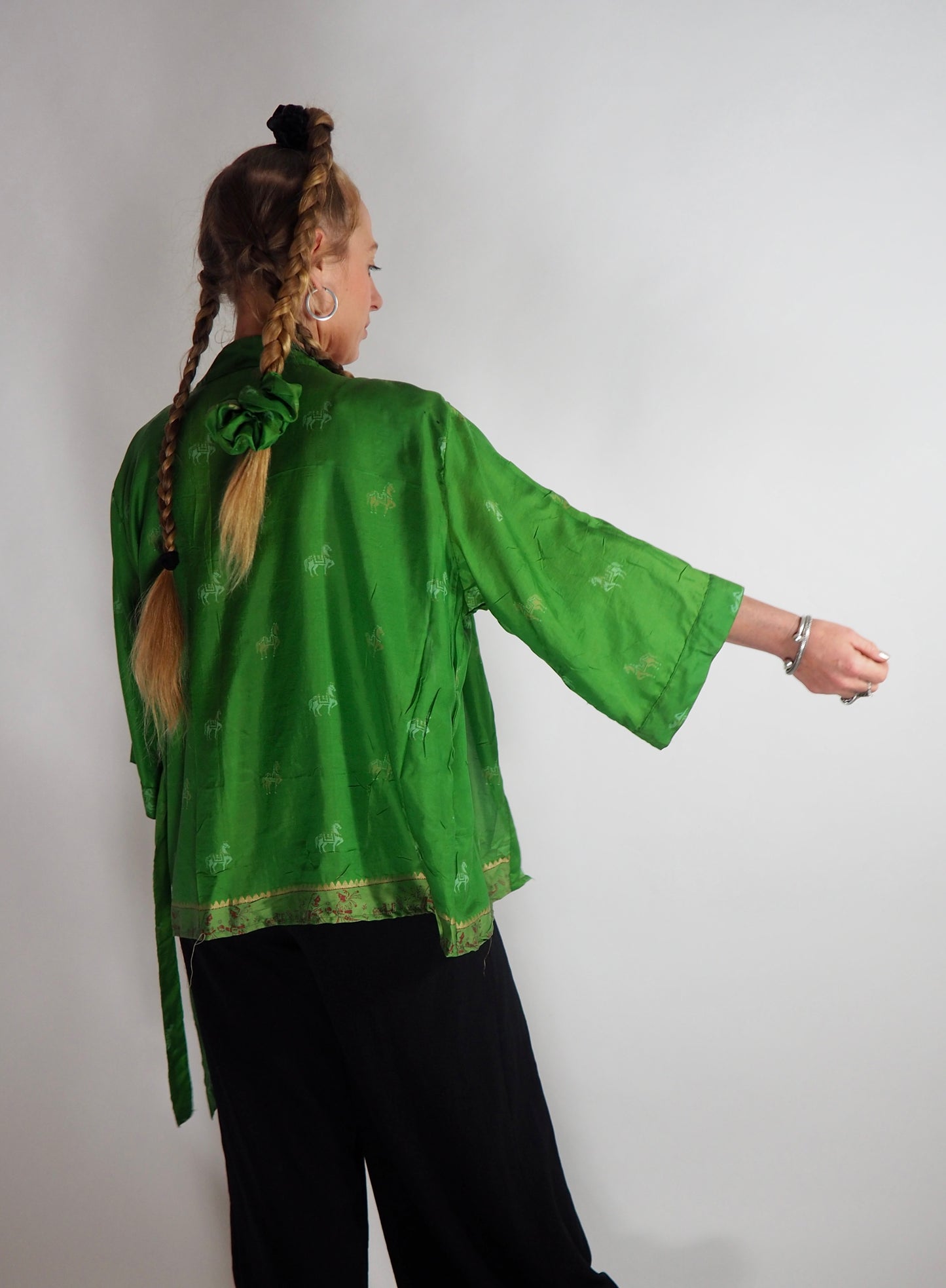 The Kardash Short Kimono – Vintage Re-cycled Sari Kimono Jacket with Waist Tie + Matching Scrunchy & Storage Bag