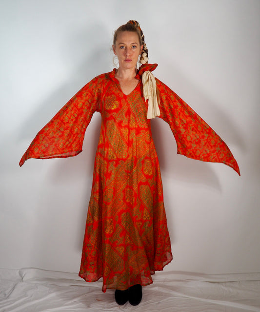 The Diamond Bias-Cut Maxi Dress – Up-cycled Vintage Sari Sustainable Dress with angel Sleeves + Matching Scrunchy & Bag