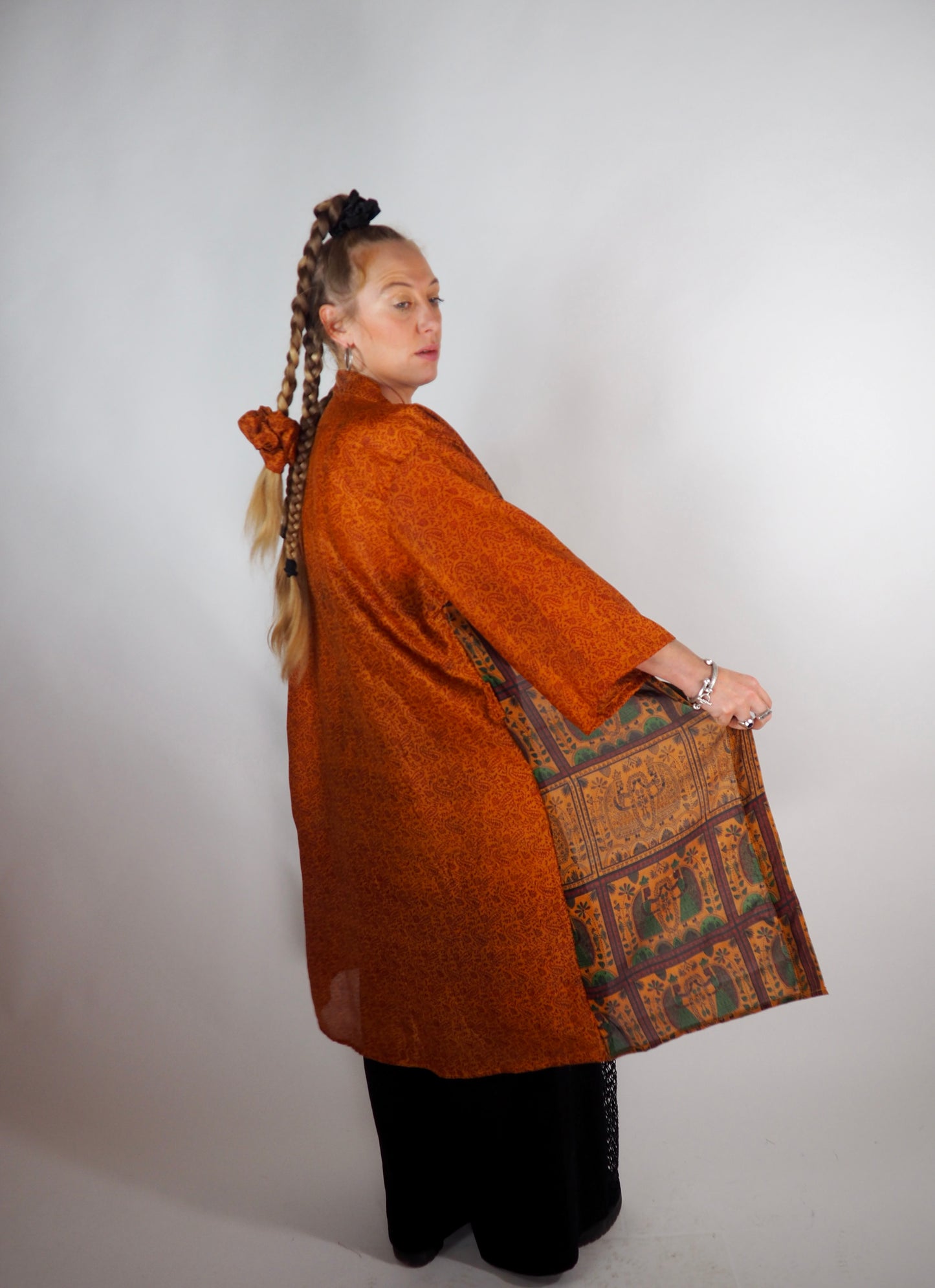 The Kardash Medium-Length Kimono – Up-cycled Vintage Sari Kimono Jacket with Waist Tie + Matching Scrunchy & Storage Bag