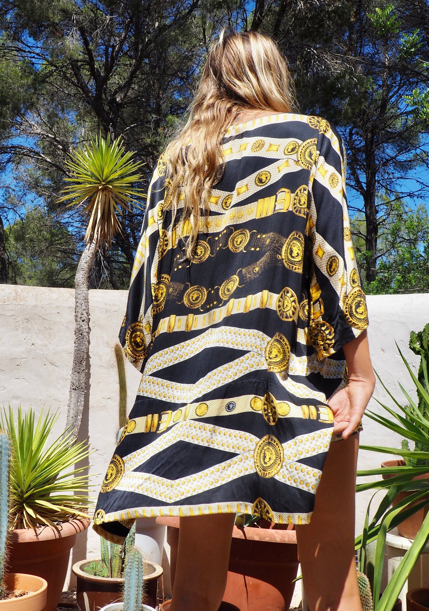 Pure silk black and gold printed dress/top super easy to wear day and night