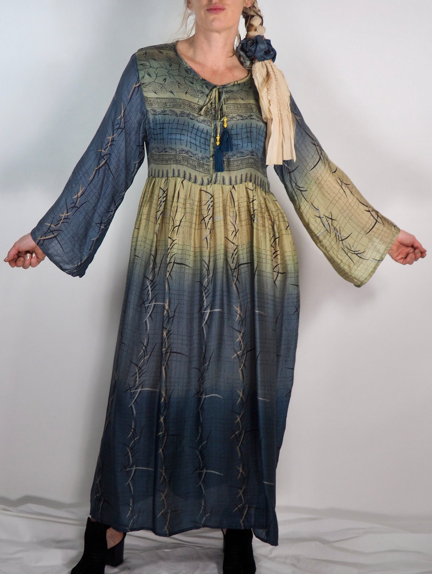 The Vadella Up-cycled Vintage Re-cycled Sari Maxi Dress – Sustainable Boho Dress with Tie Neck Detail + Matching Scrunchy & Bag