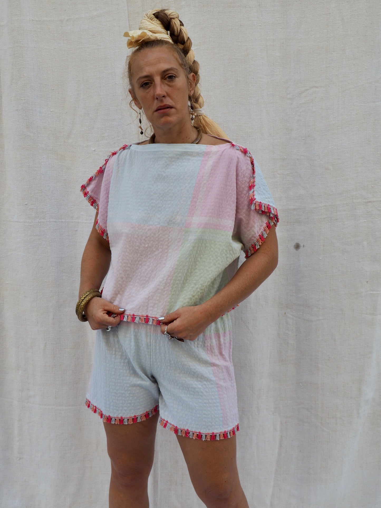 Up-cycled Vintage Cotton Two-Piece Set with Pom-Pom Trim – Handmade by Vagabond Ibiza