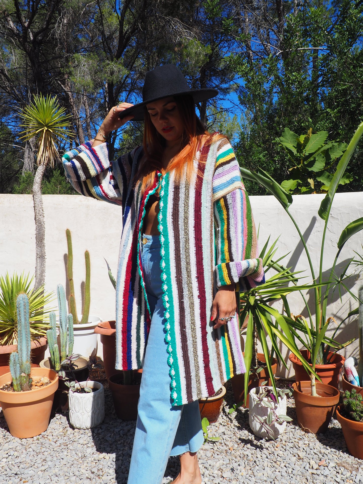 Vintage striped rainbow wool and cotton crochet jacket up-cycled by Vagabond Ibiza