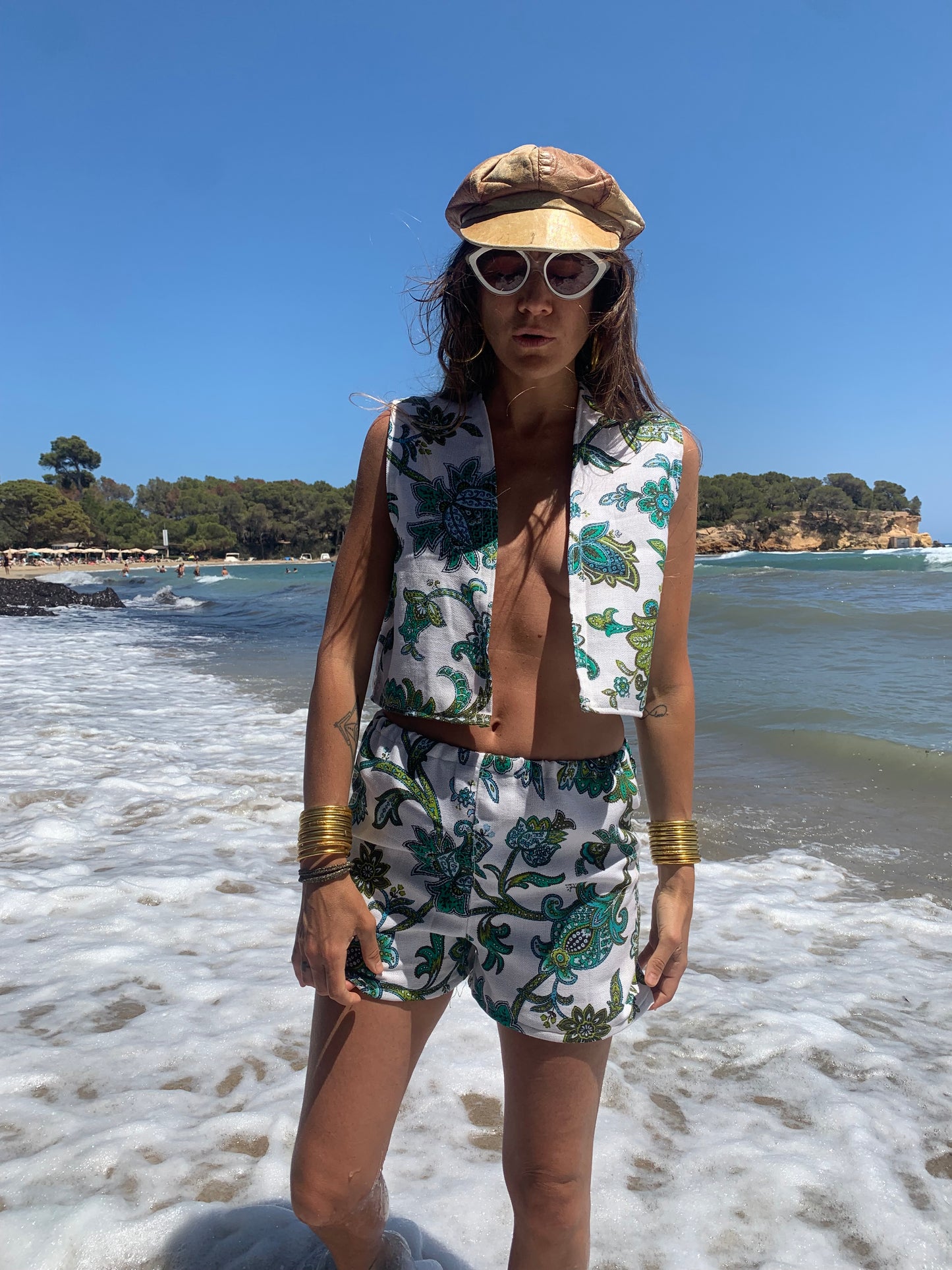 Vintage green and white floral up-cycled 2 piece set shorts and waistcoat by Vagabond Ibiza