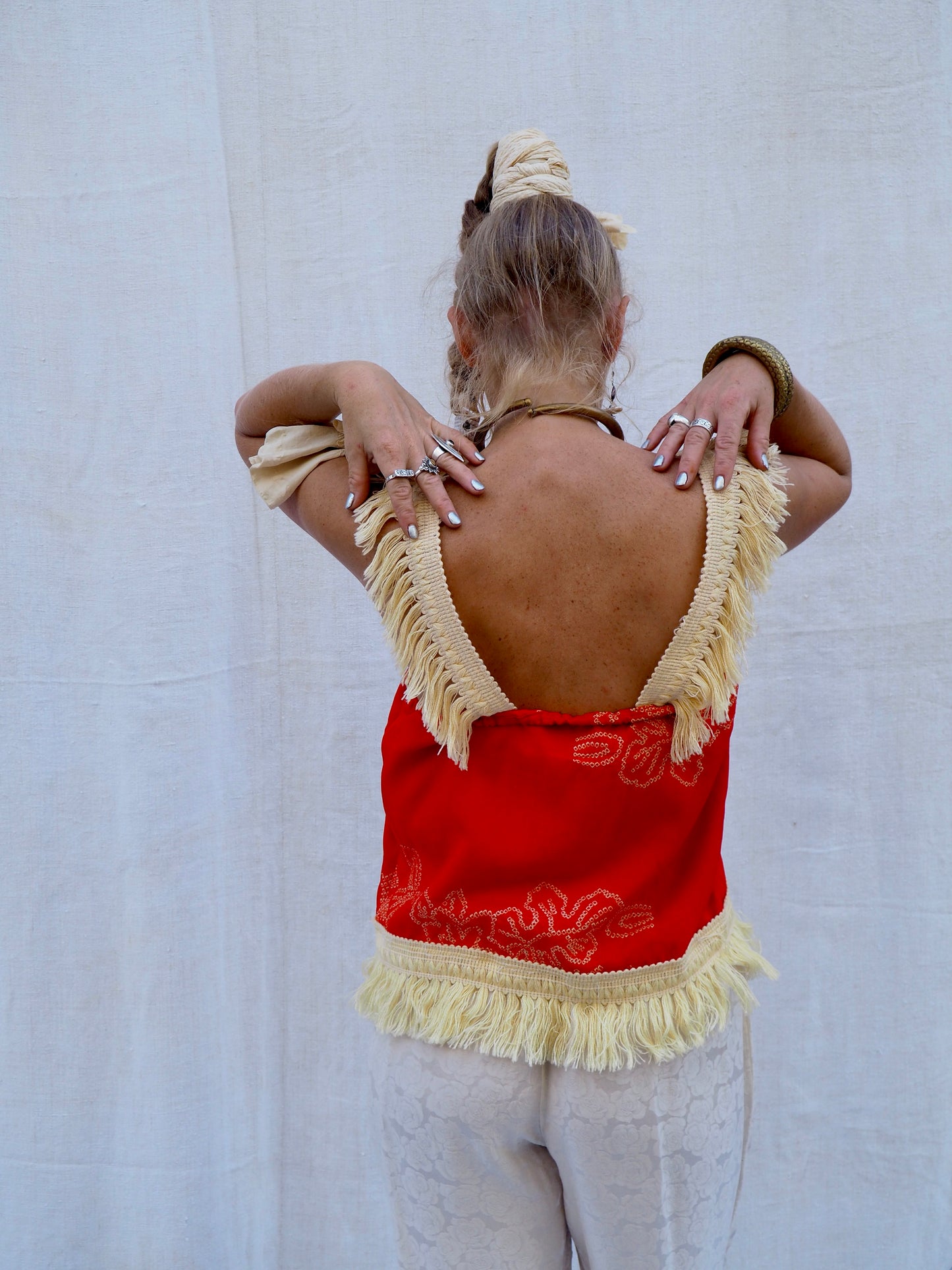 Up-cycled Vintage Silk Kimono Top with Fringed Trim – Handmade Bohemian Style