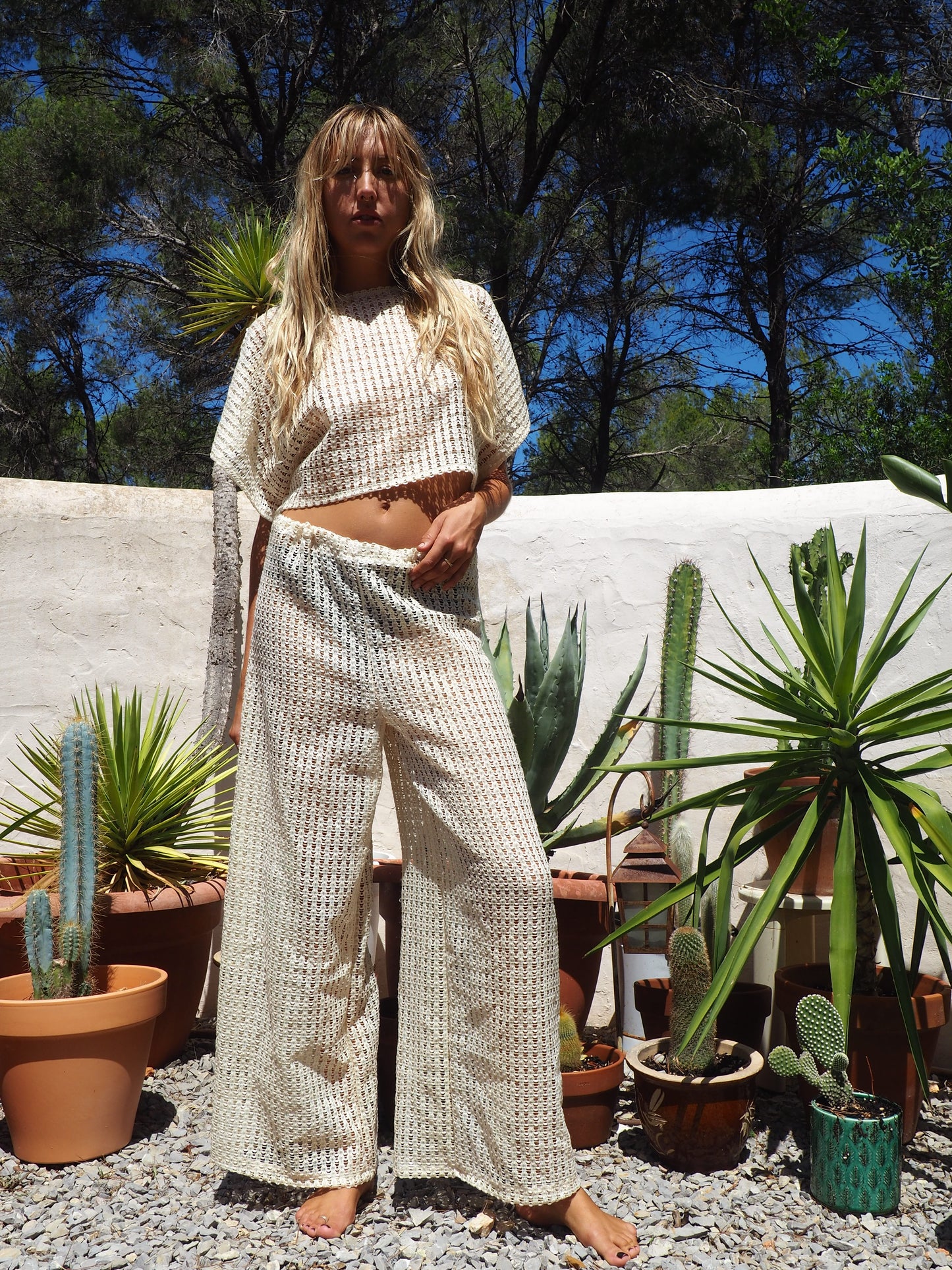 Up-cycled cream mesh woven shear crop top with sleeves by Vagabond Ibiza