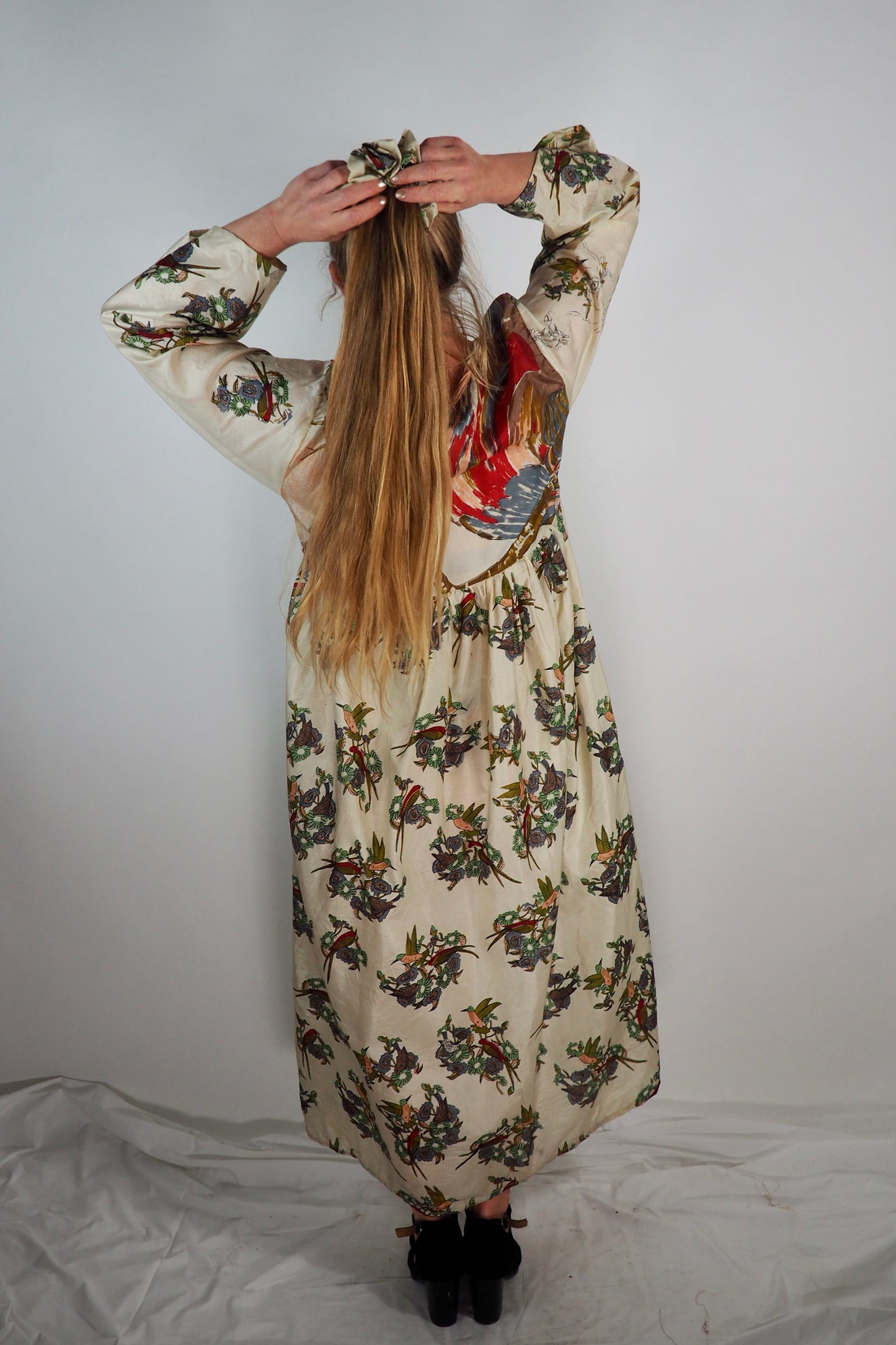 The Vadella Up-cycled Vintage Re-cycled Sari Maxi Dress – Sustainable Boho Dress with Tie Neck Detail + Matching Scrunchy & Bag