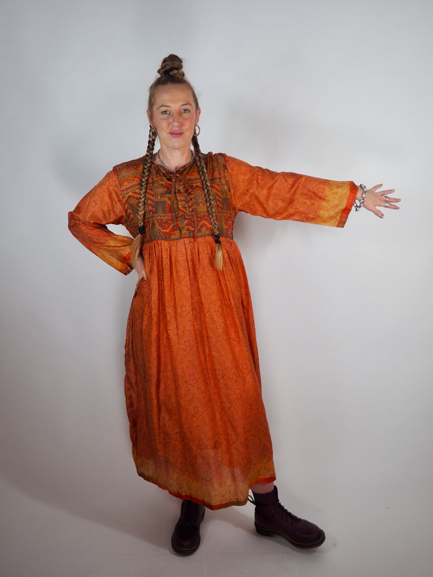 The Vadella Up-cycled Vintage Re-cycled Sari Maxi Dress – Sustainable Boho Dress with Tie Neck Detail + Matching Scrunchy & Bag