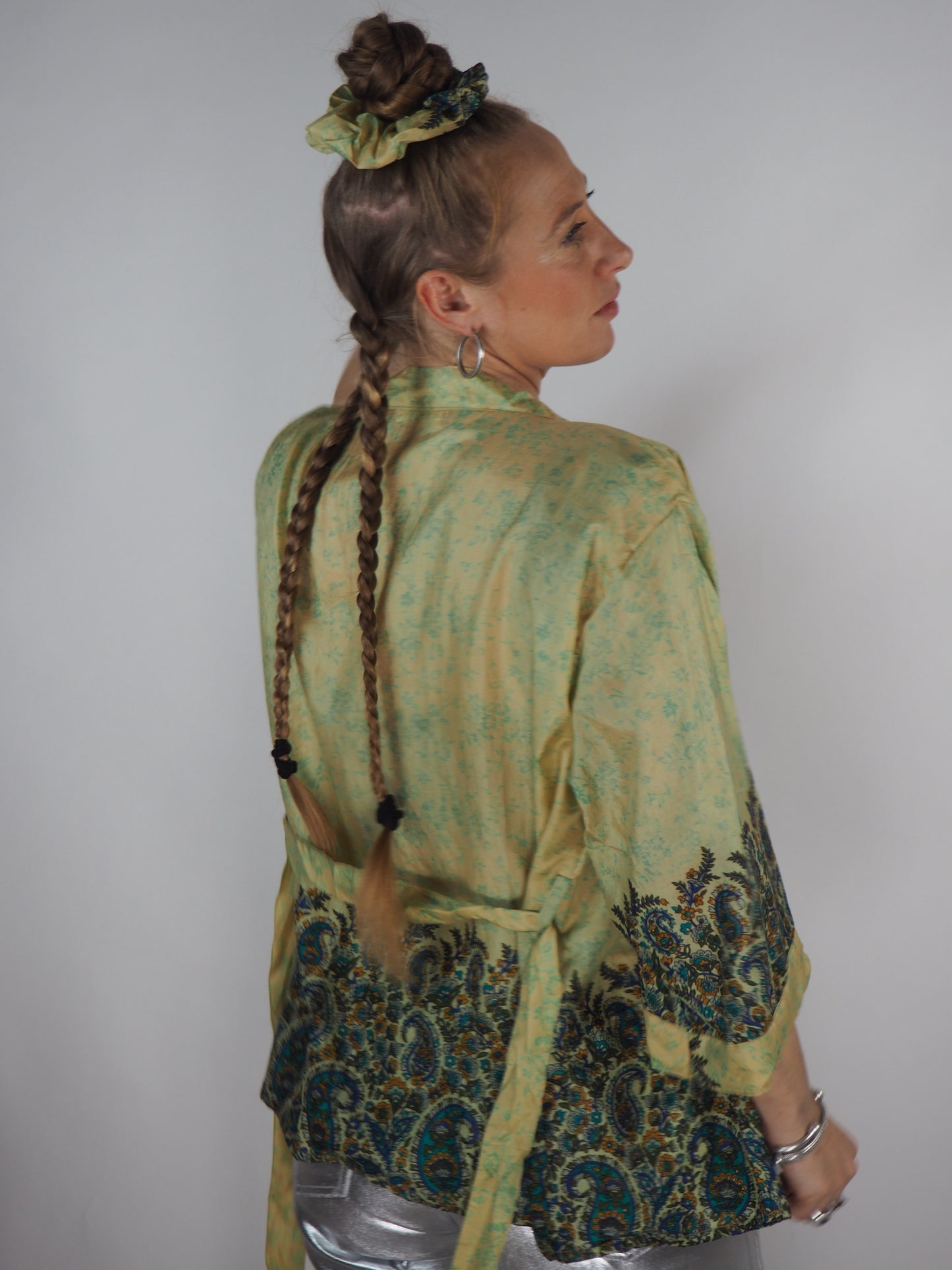 The Kardash Short Kimono – Vintage Re-cycled Sari Kimono Jacket with Waist Tie + Matching Scrunchy & Storage Bag