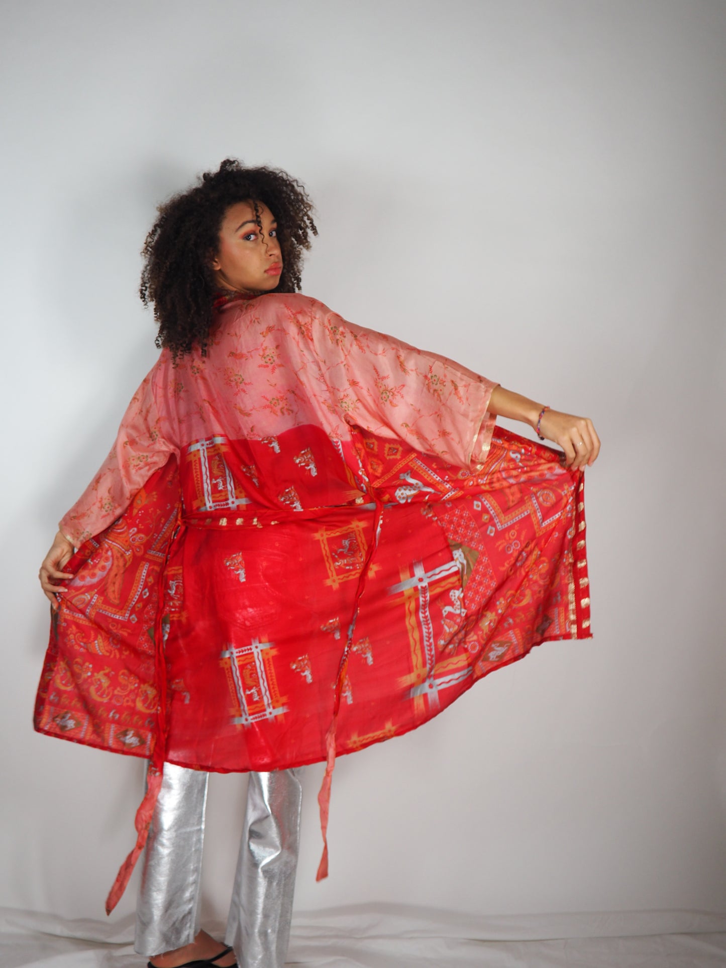 The Kardash Medium-Length Kimono – Up-cycled Vintage Sari Sustainable Kimono Jacket with Waist Tie + Matching Scrunchy & Storage Bag