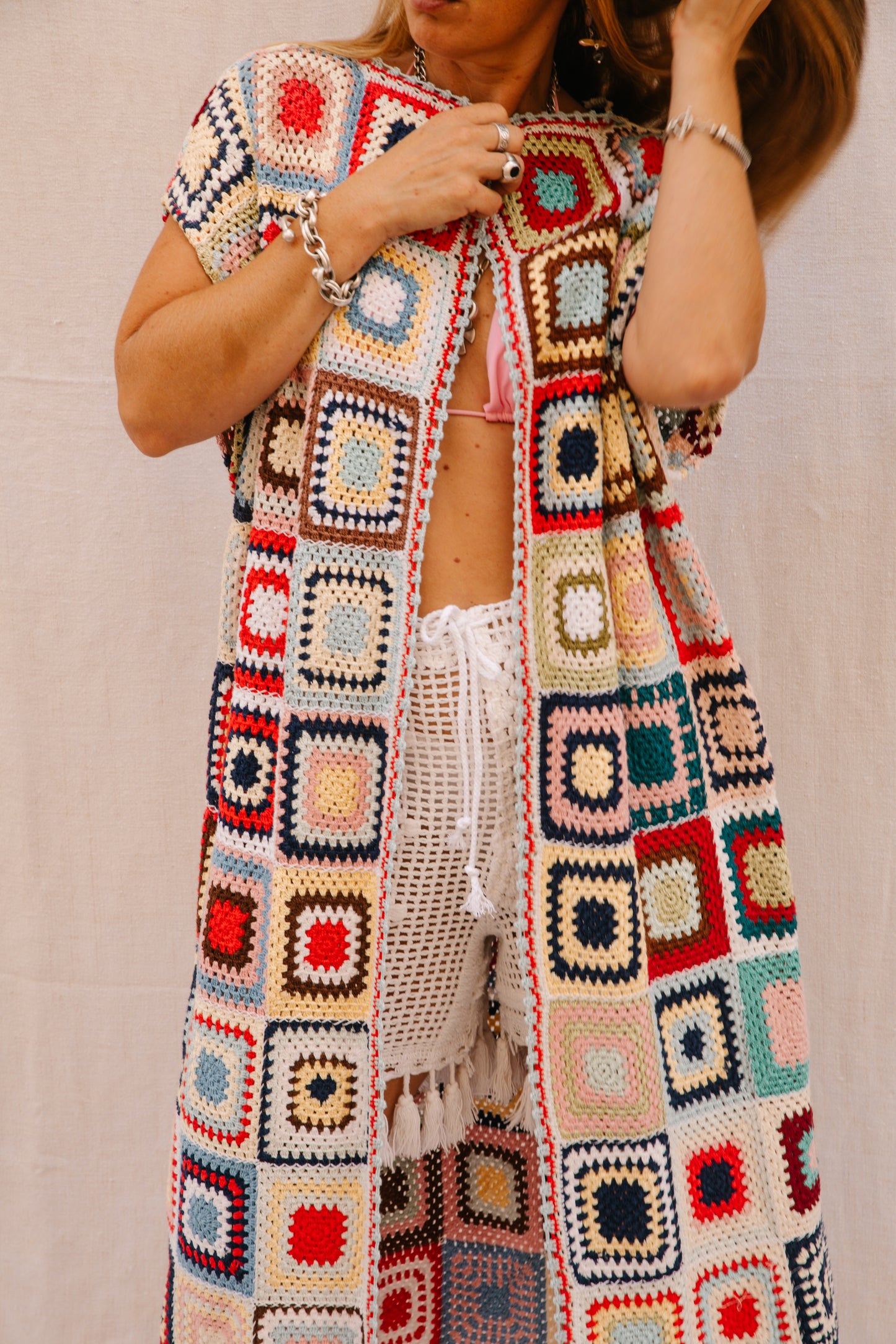 Vintage 1970s Granny Square Crochet blanket jacket waistcoat up-cycled by Vagabond Ibiza