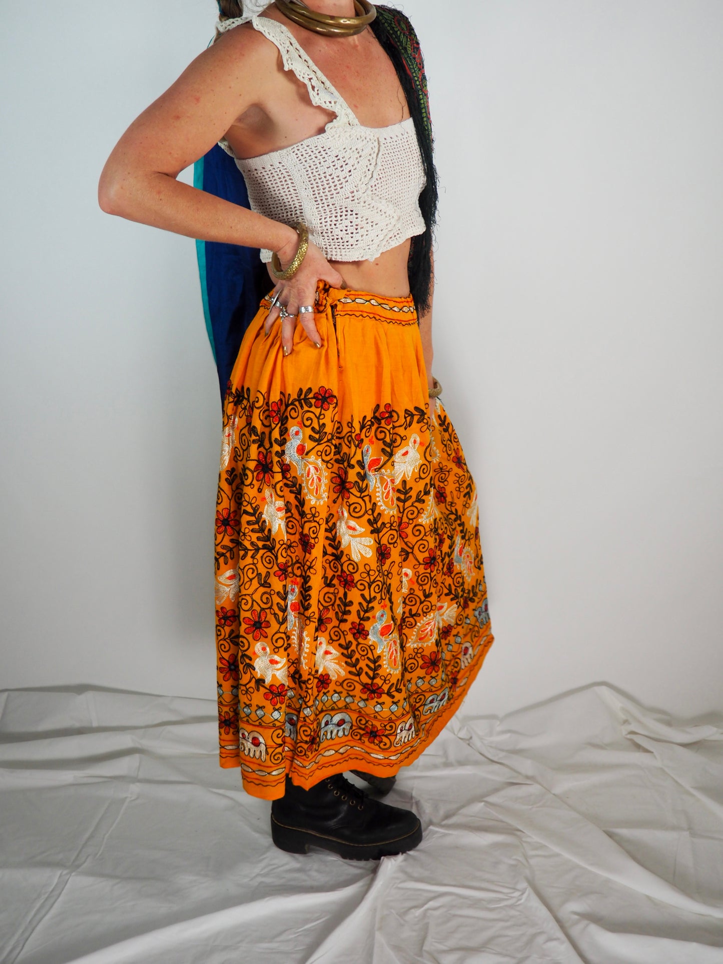 Vintage 1970s Indian Cotton Skirt with Intricate Machine Embroidery