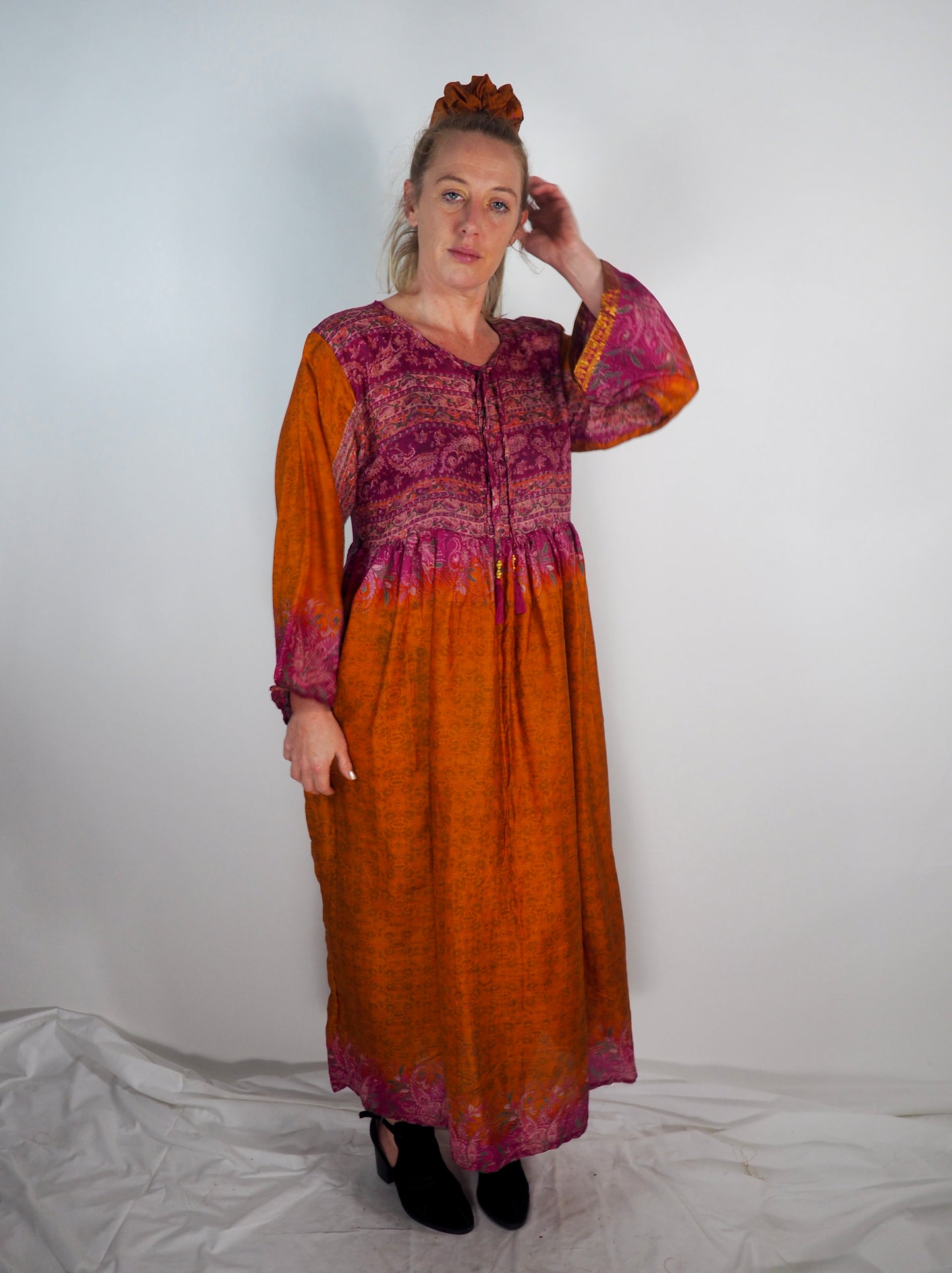 The Vadella Up-cycled Vintage Re-cycled Sari Maxi Dress – Sustainable Boho Dress with Tie Neck Detail + Matching Scrunchy & Bag