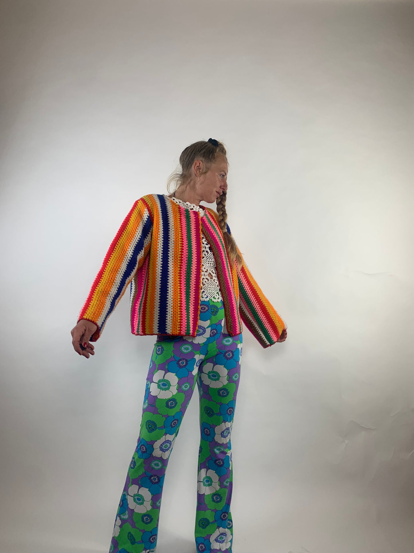 Vintage rainbow striped crochet cropped up-cycled jacket made by Vagabond Ibiza