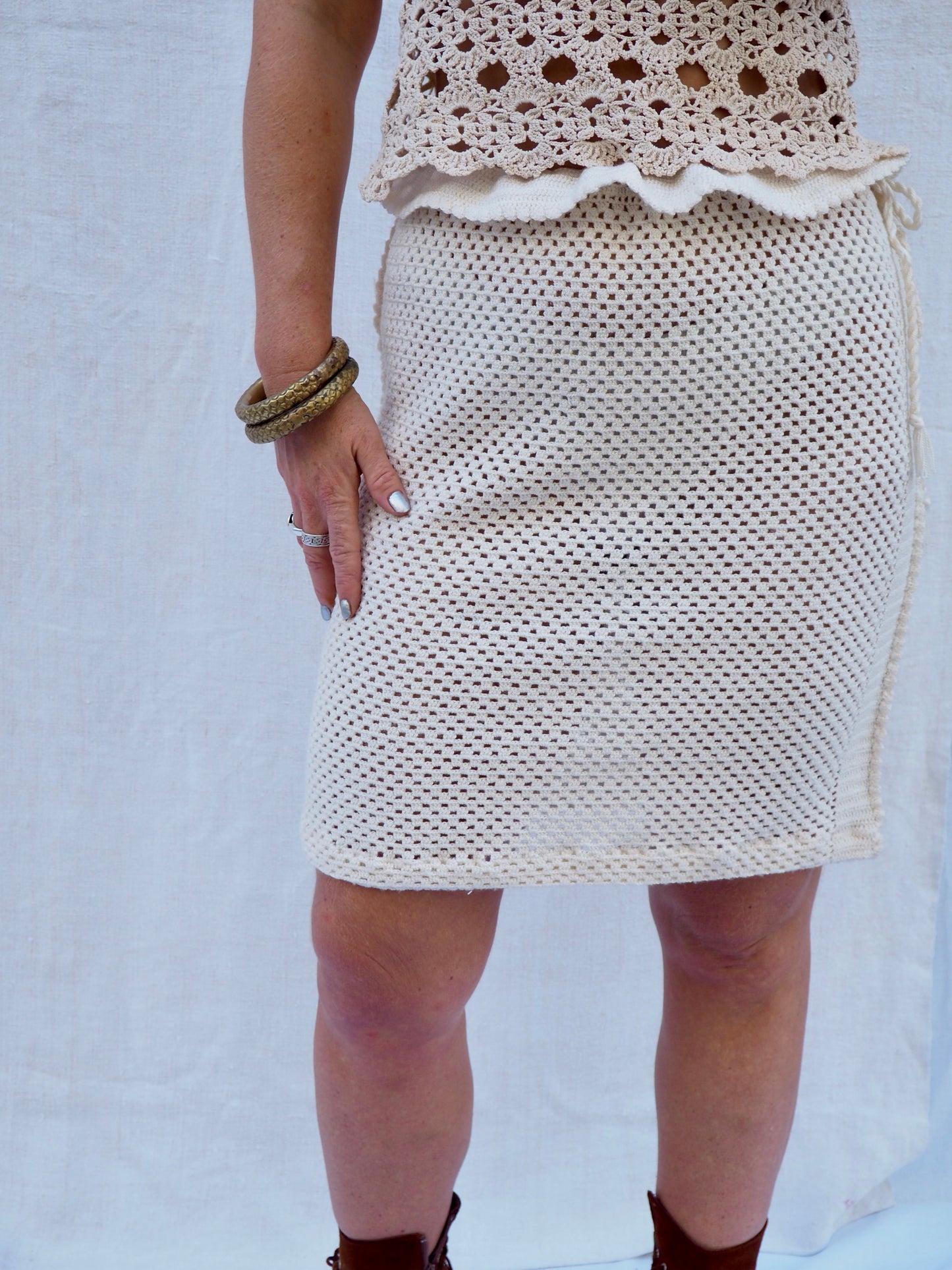 Up-cycled Vintage 1970s Crochet Skirt with Drawstring Waist – Handmade by Vagabond Ibiza