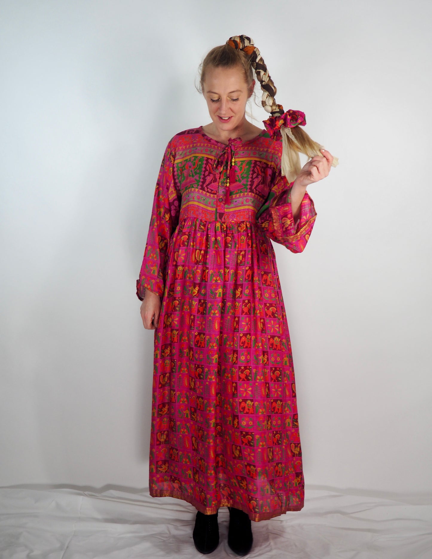 The Vadella Up-cycled Vintage Re-cycled Sari Maxi Dress – Sustainable Boho Dress with Tie Neck Detail + Matching Scrunchy & Bag