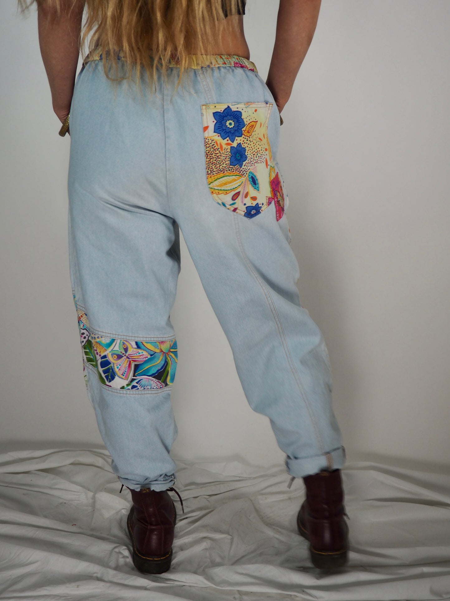 Vintage 1980s Denim Patchwork Pants a bold and playful statement piece