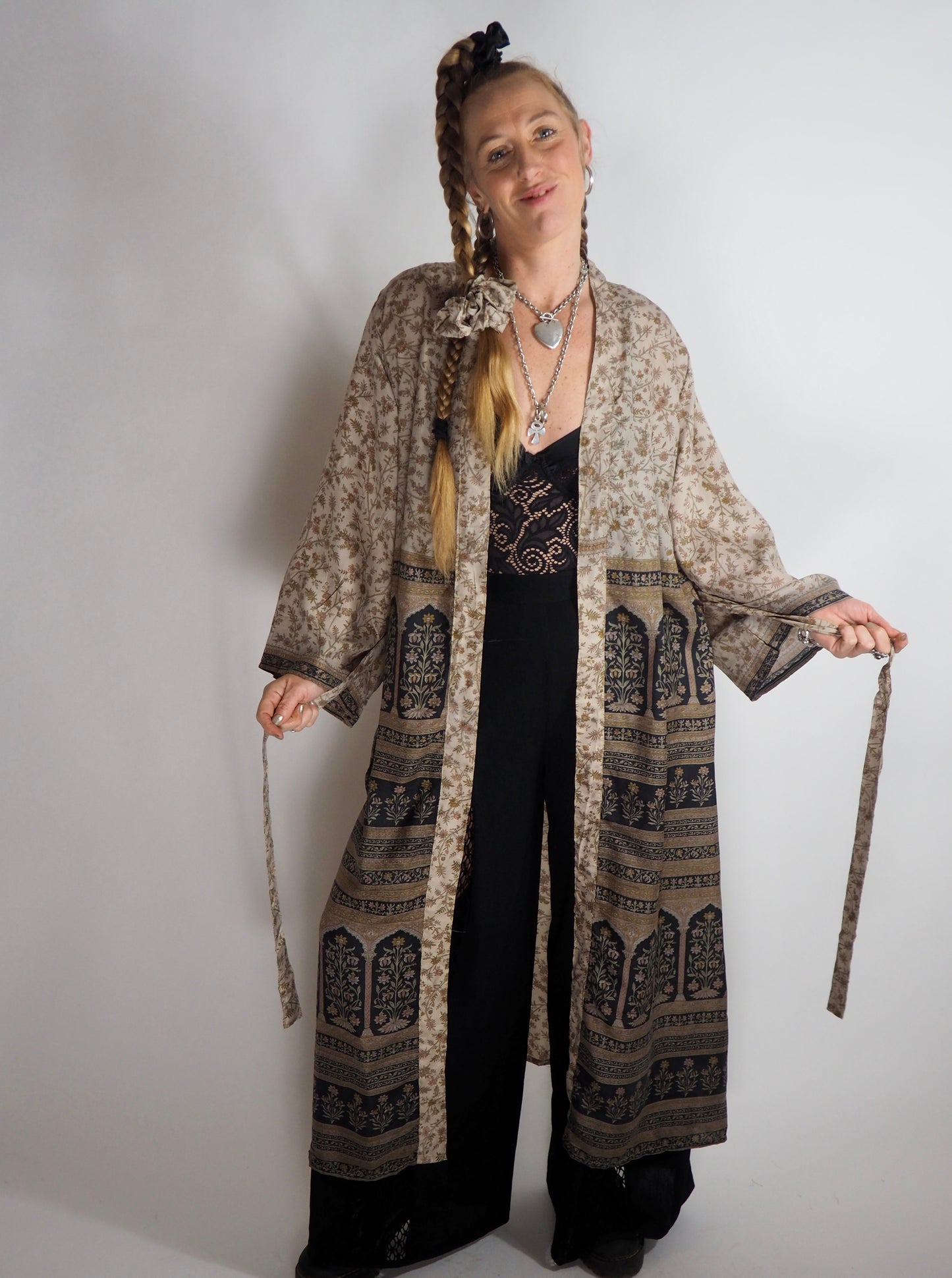 The Kardash Long Kimono – Up-cycled Vintage Sari long Kimono Robe with Waist Tie + Matching Scrunchy & Storage Bag