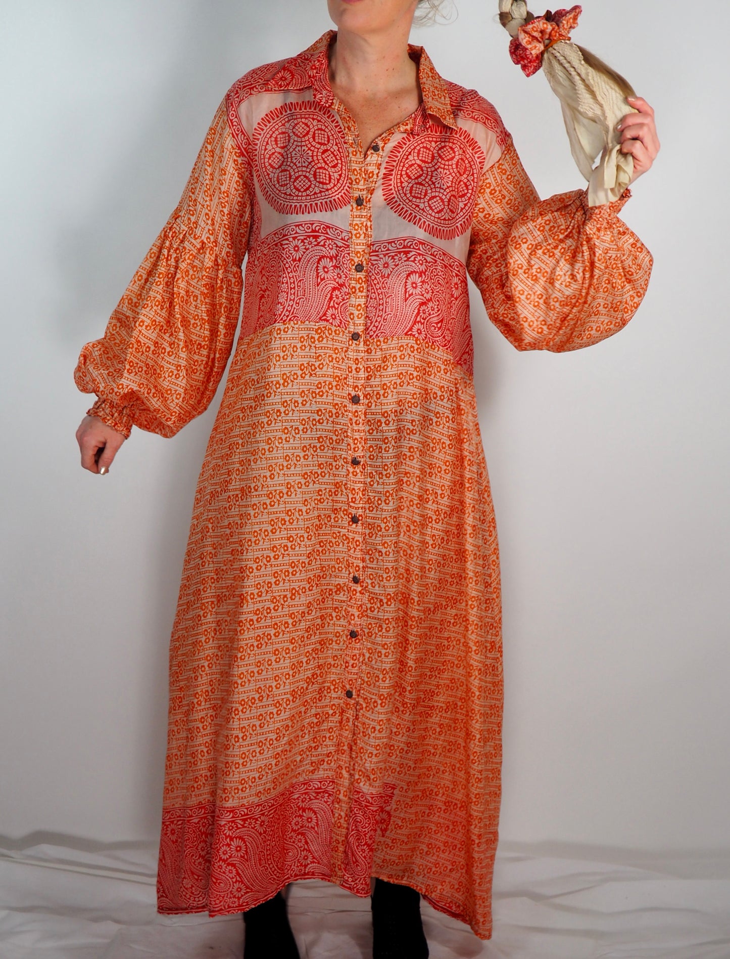 The Lenya Up-cycled Vintage Sari Dress – Sustainable Boho Dress with Oversized Sleeves Matching Scrunchy & Storage Bag