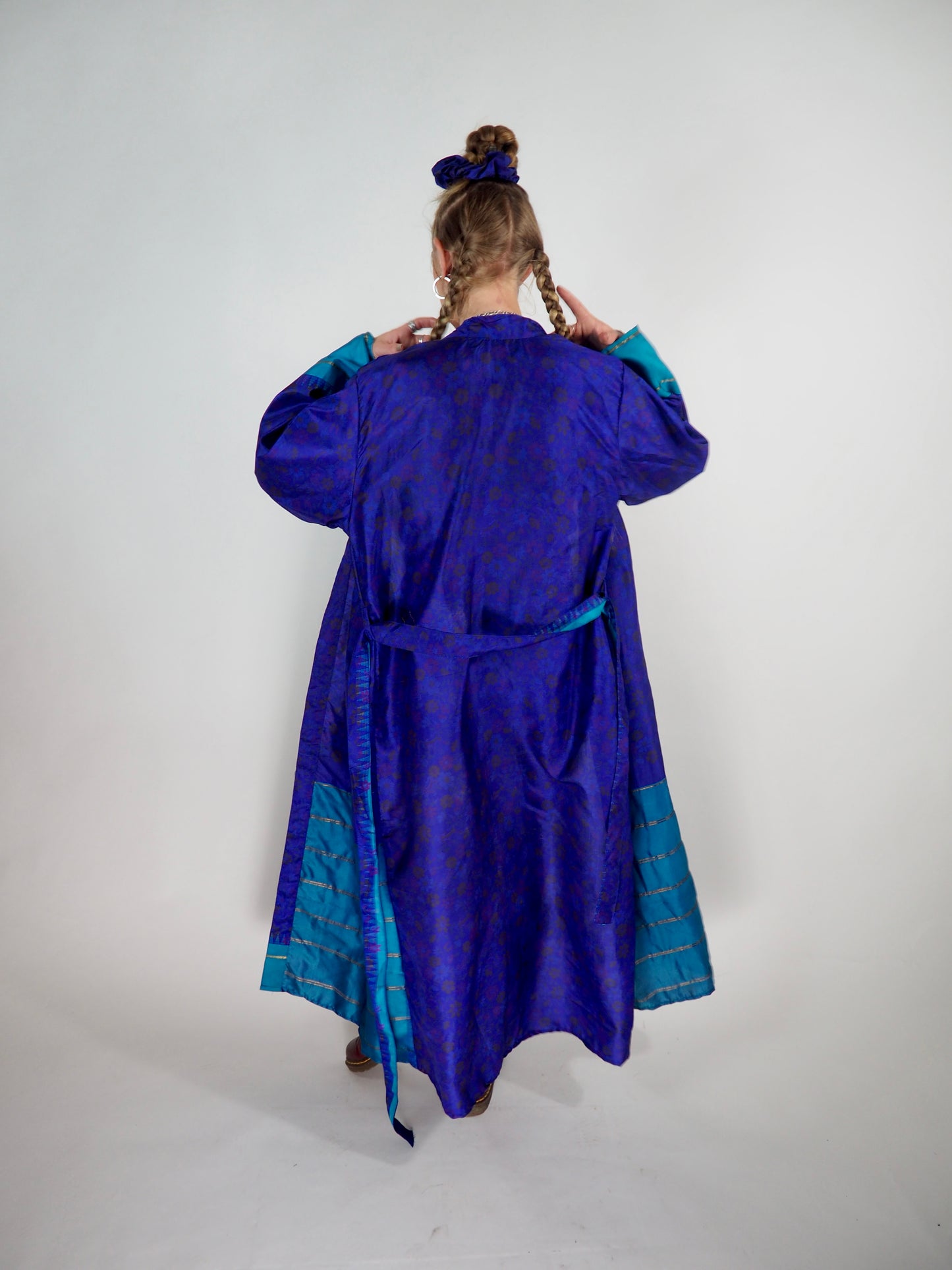 The Kardash Long Kimono – Up-cycled Vintage Sari long Kimono Robe with Waist Tie + Matching Scrunchy & Storage Bag