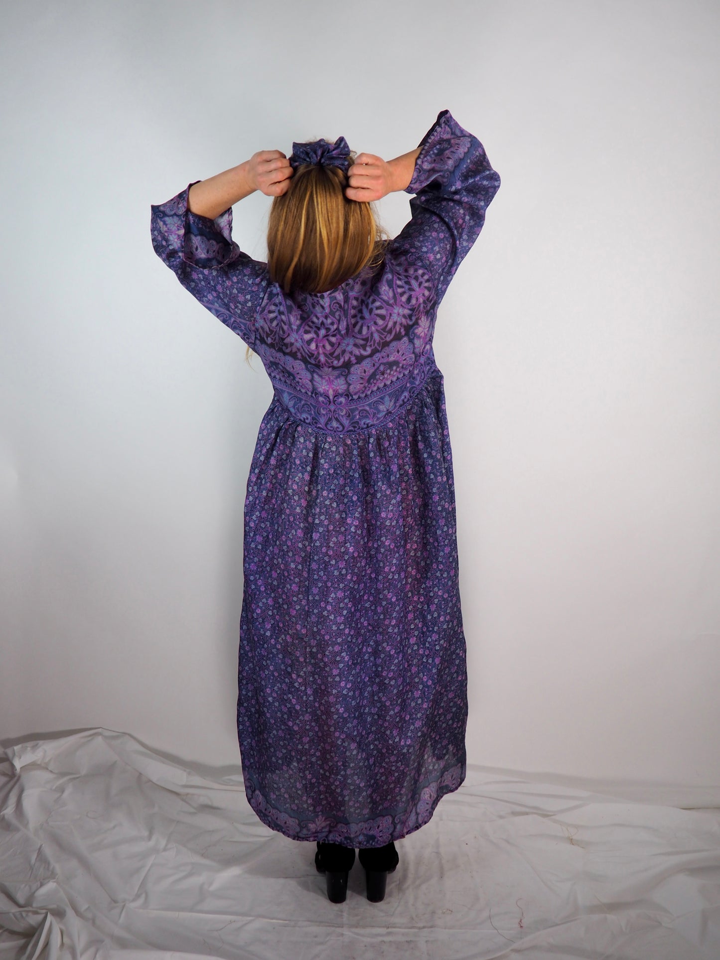 The Vadella Up-cycled Vintage Re-cycled Sari Maxi Dress – Sustainable Boho Dress with Tie Neck Detail + Matching Scrunchy & Bag