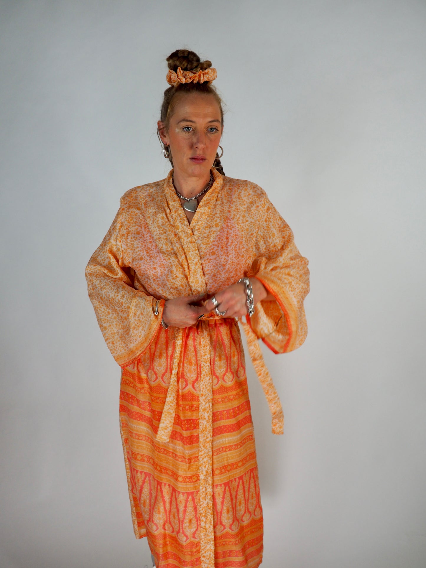 The Kardash Long Kimono – Up-cycled Vintage Sari long Kimono Robe with Waist Tie + Matching Scrunchy & Storage Bag