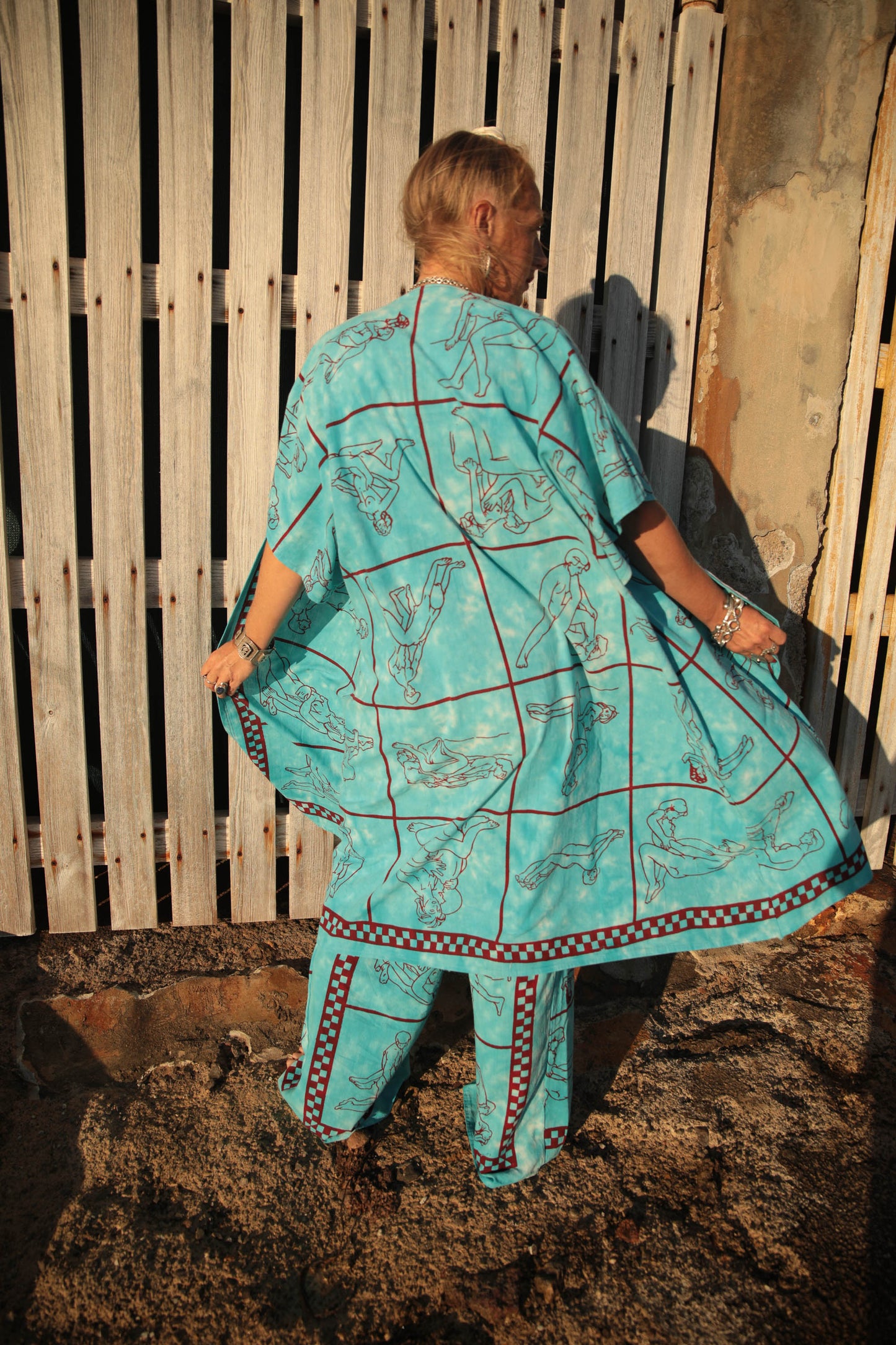 Up-cycled vintage cotton 2 piece set top and length kimono cover up with printed karma sutra design in bright blue pants sold separate