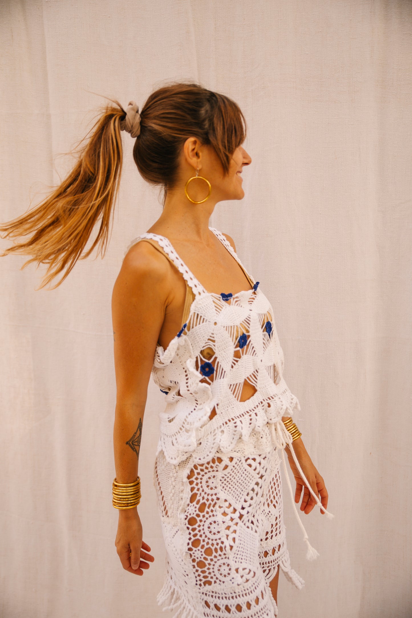 Up-cycled Crochet Top with Blue Flower Details – Handmade by Vagabond Ibiza