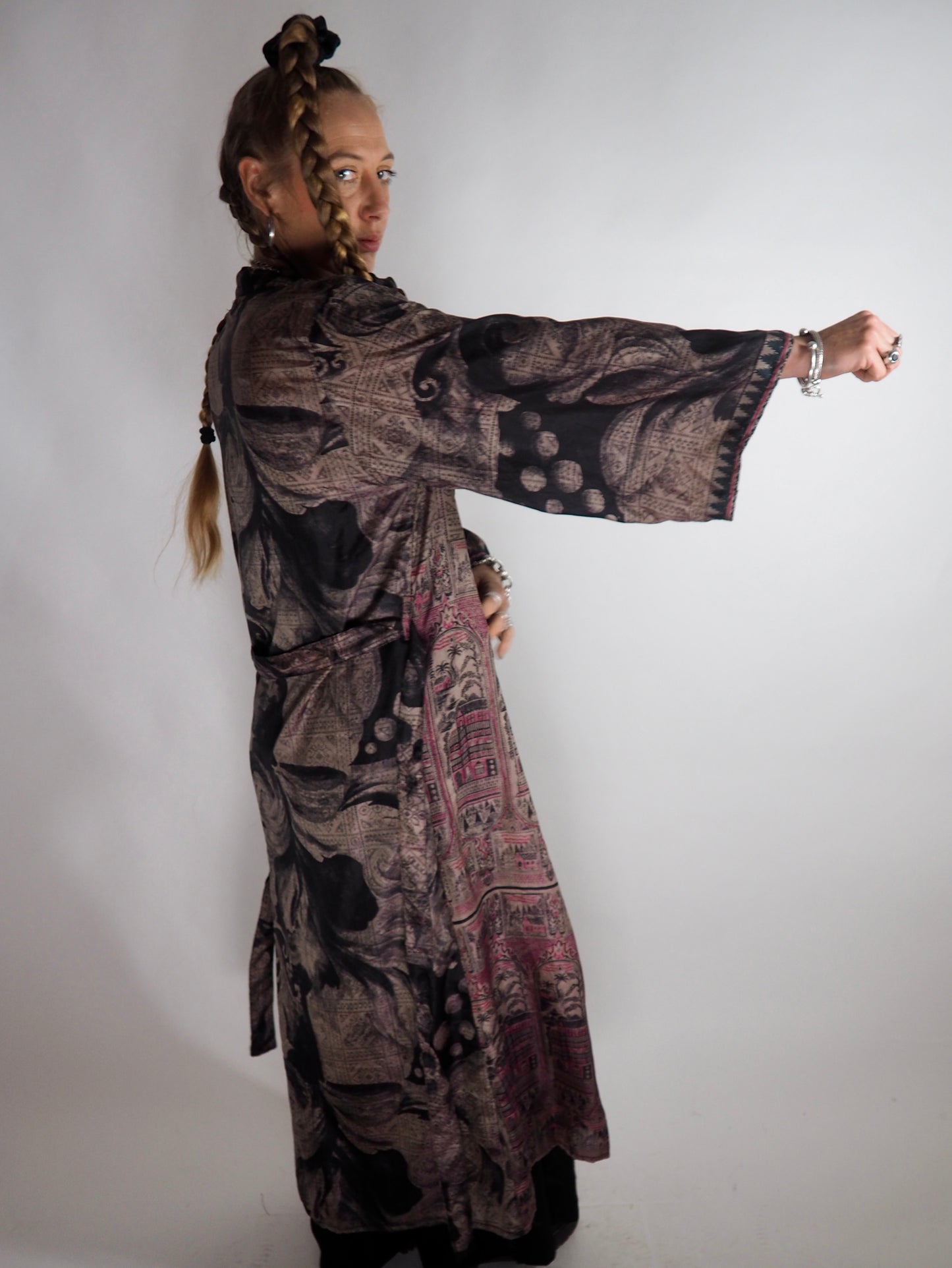 The Kardash Long Kimono – Up-cycled Vintage Sari long Kimono Robe with Waist Tie + Matching Scrunchy & Storage Bag