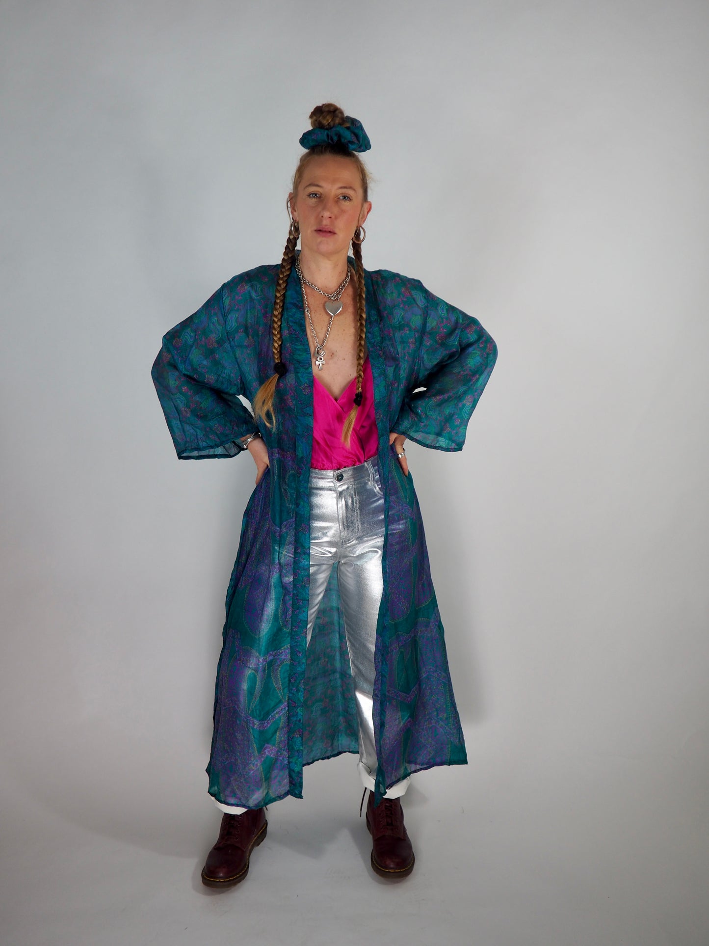 The Kardash Long Kimono – Up-cycled Vintage Sari long Kimono Robe with Waist Tie + Matching Scrunchy & Storage Bag