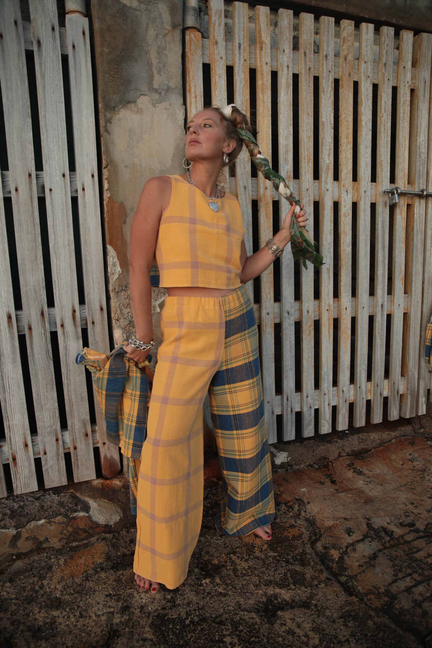 Up-cycled vintage cotton 3 piece set top and pants and short jackets set made from vintage textiles patch together with a yellow and blue checked design.
