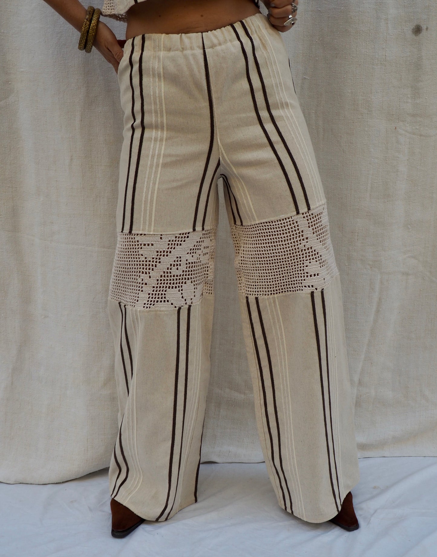 Up-cycled Vintage Linen & Crochet Patchwork Pants – Handmade by Vagabond Ibiza