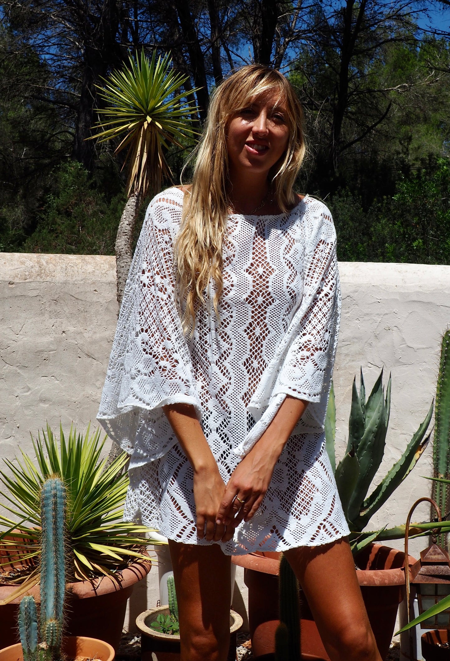 White vintage crochet bell sleeve shirt dress up-cycled by Vagabond Ibiza