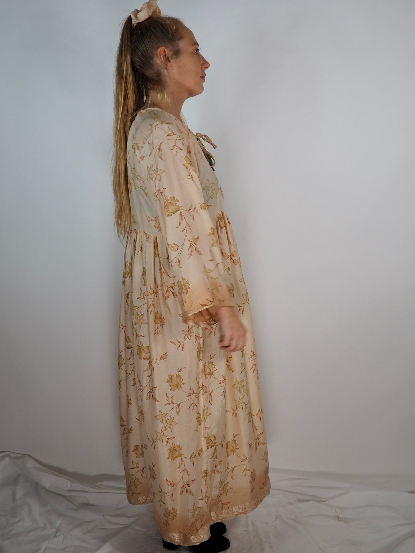 The Vadella Up-cycled Vintage Re-cycled Sari Maxi Dress – Sustainable Boho Dress with Tie Neck Detail + Matching Scrunchy & Bag