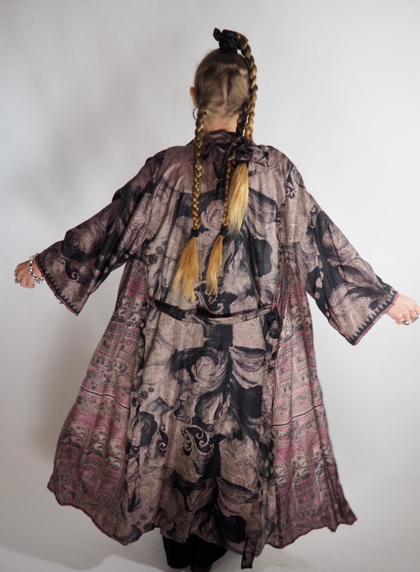 The Kardash Long Kimono – Up-cycled Vintage Sari long Kimono Robe with Waist Tie + Matching Scrunchy & Storage Bag