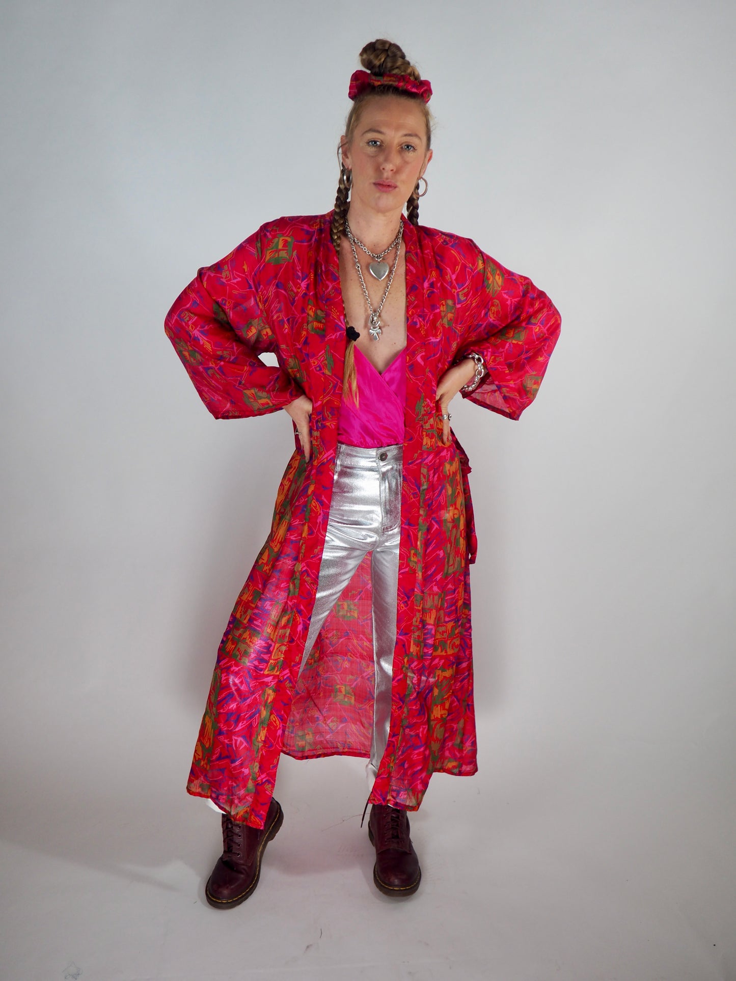 The Kardash Long Kimono – Up-cycled Vintage Sari long Kimono Robe with Waist Tie + Matching Scrunchy & Storage Bag