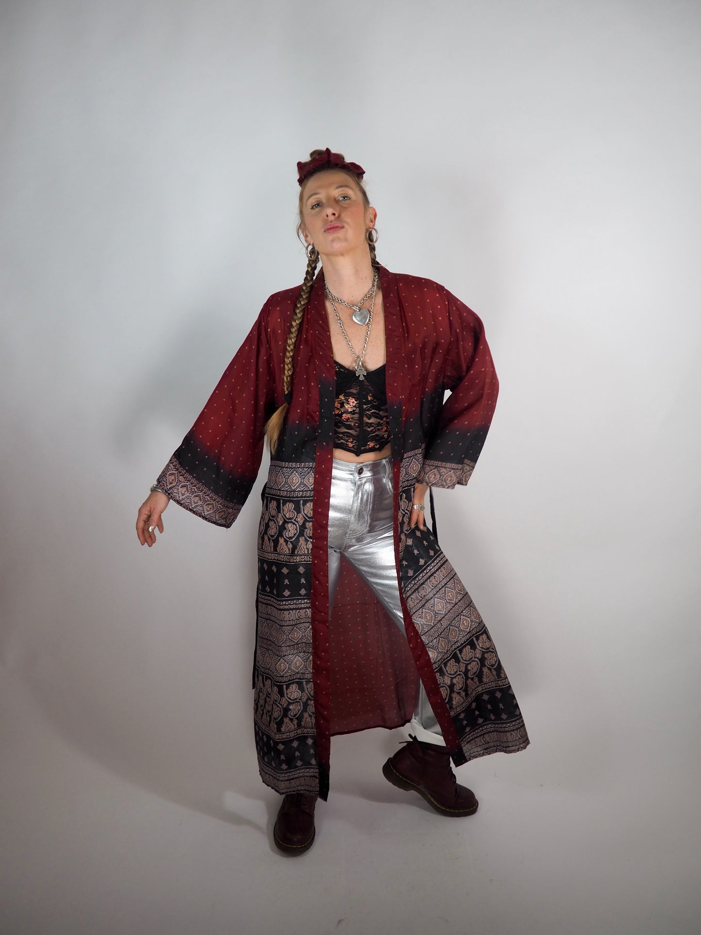 The Kardash Long Kimono – Up-cycled Vintage Sari long Kimono Robe with Waist Tie + Matching Scrunchy & Storage Bag