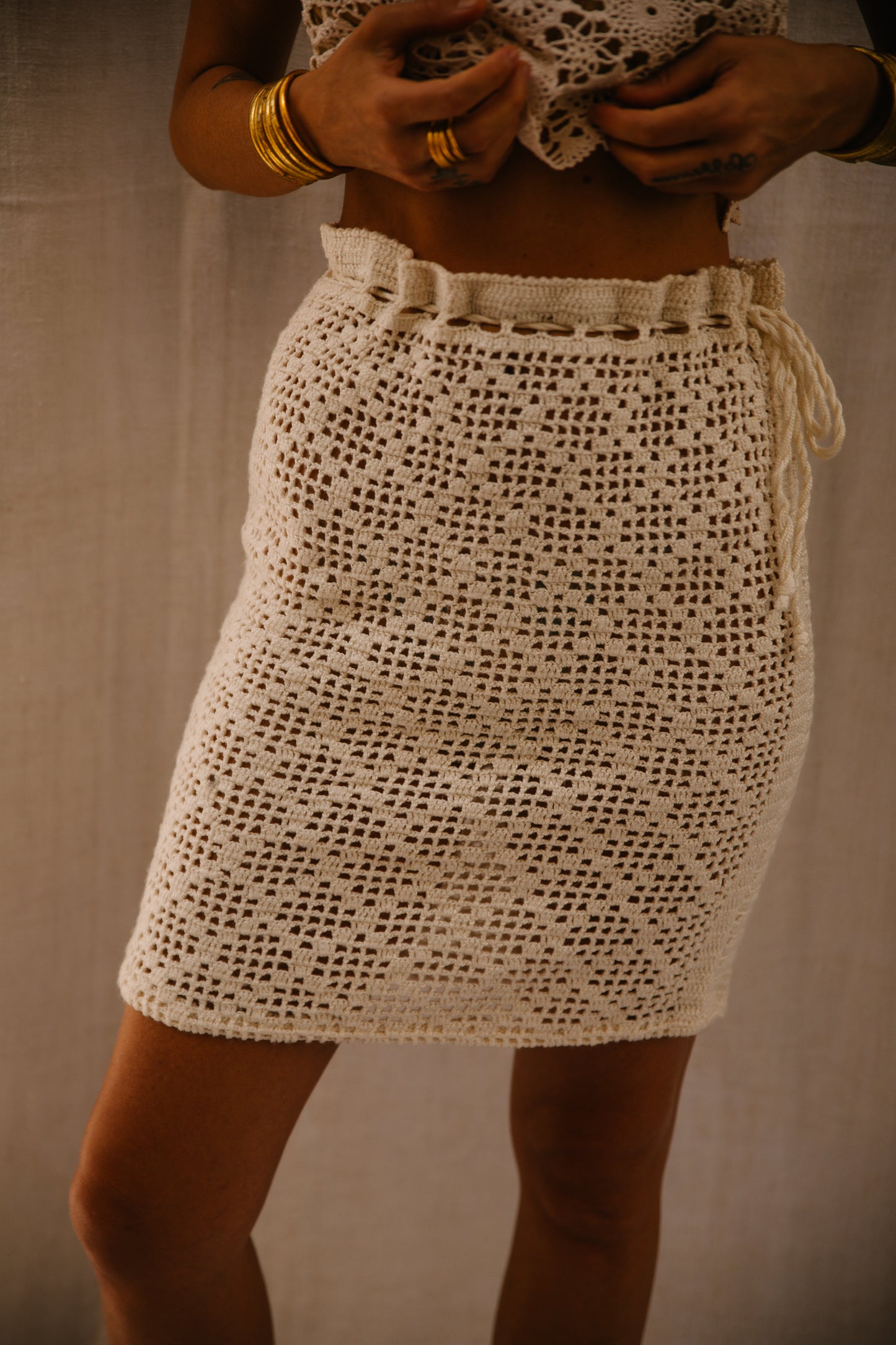 Upcycled Crochet Skirt with Drawstring Waist – Handmade by Vagabond Ibiza