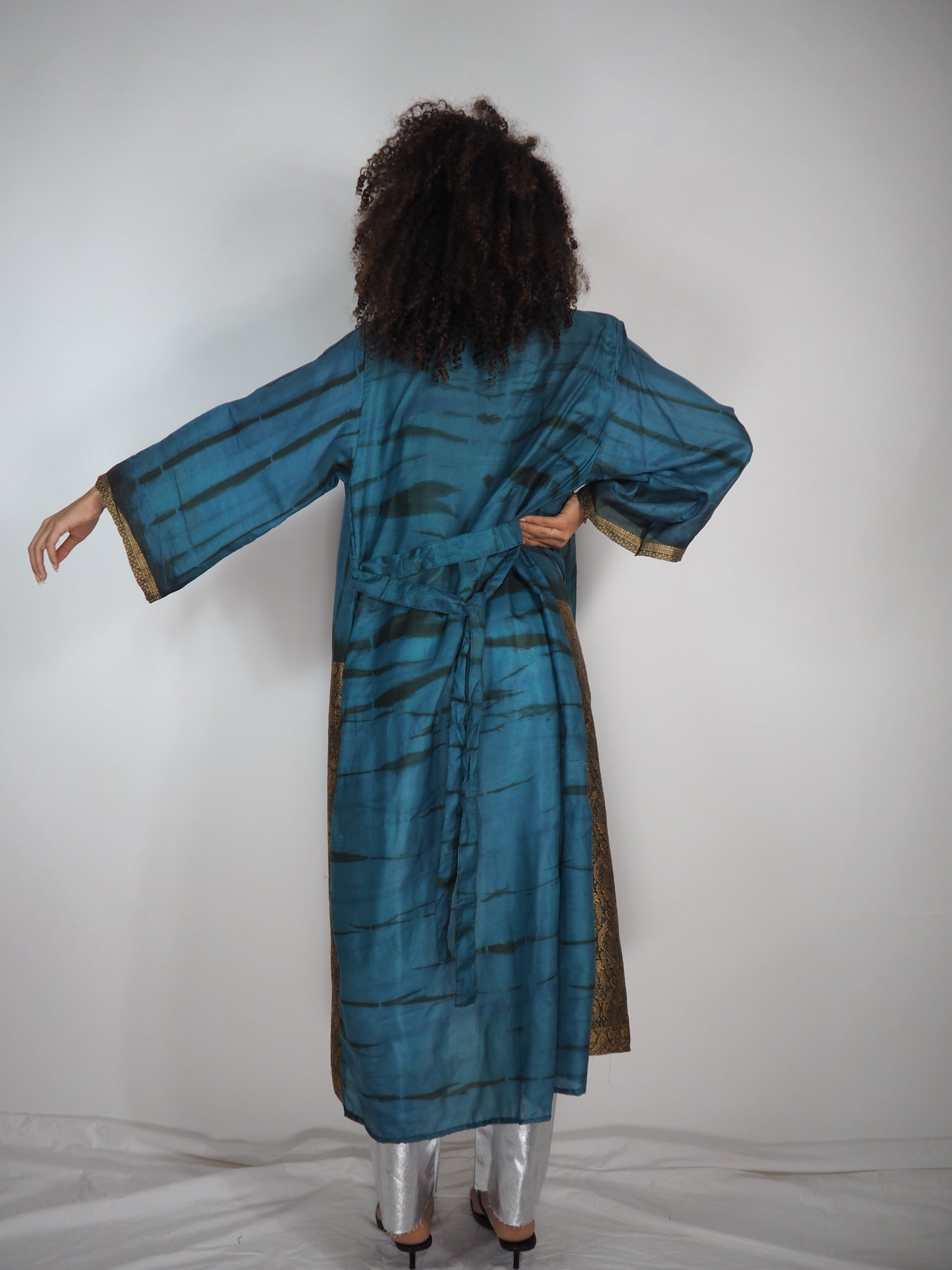 The Kardash Long Kimono – Up-cycled Vintage Sari long Kimono Robe with Waist Tie + Matching Scrunchy & Storage Bag