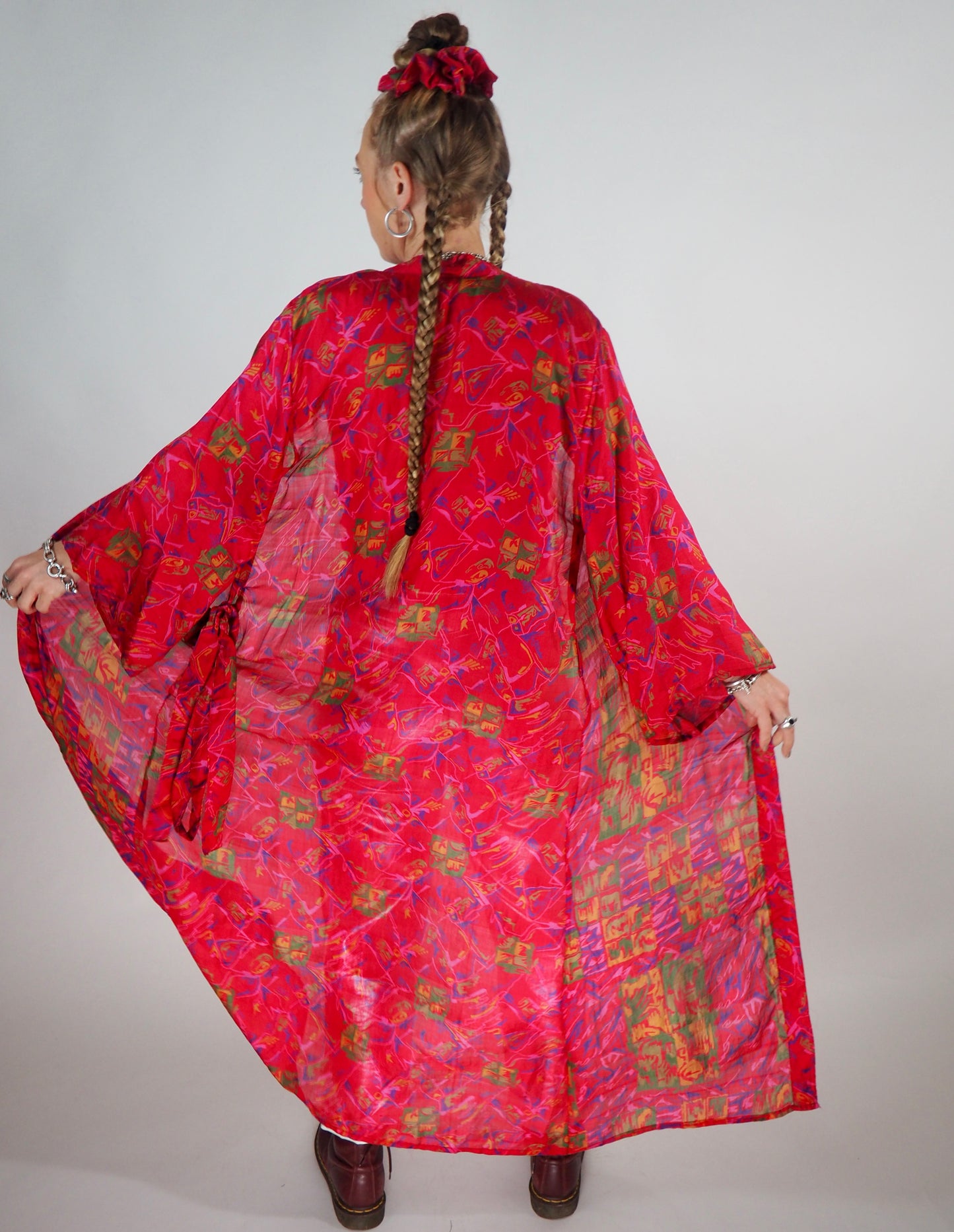 The Kardash Long Kimono – Up-cycled Vintage Sari long Kimono Robe with Waist Tie + Matching Scrunchy & Storage Bag