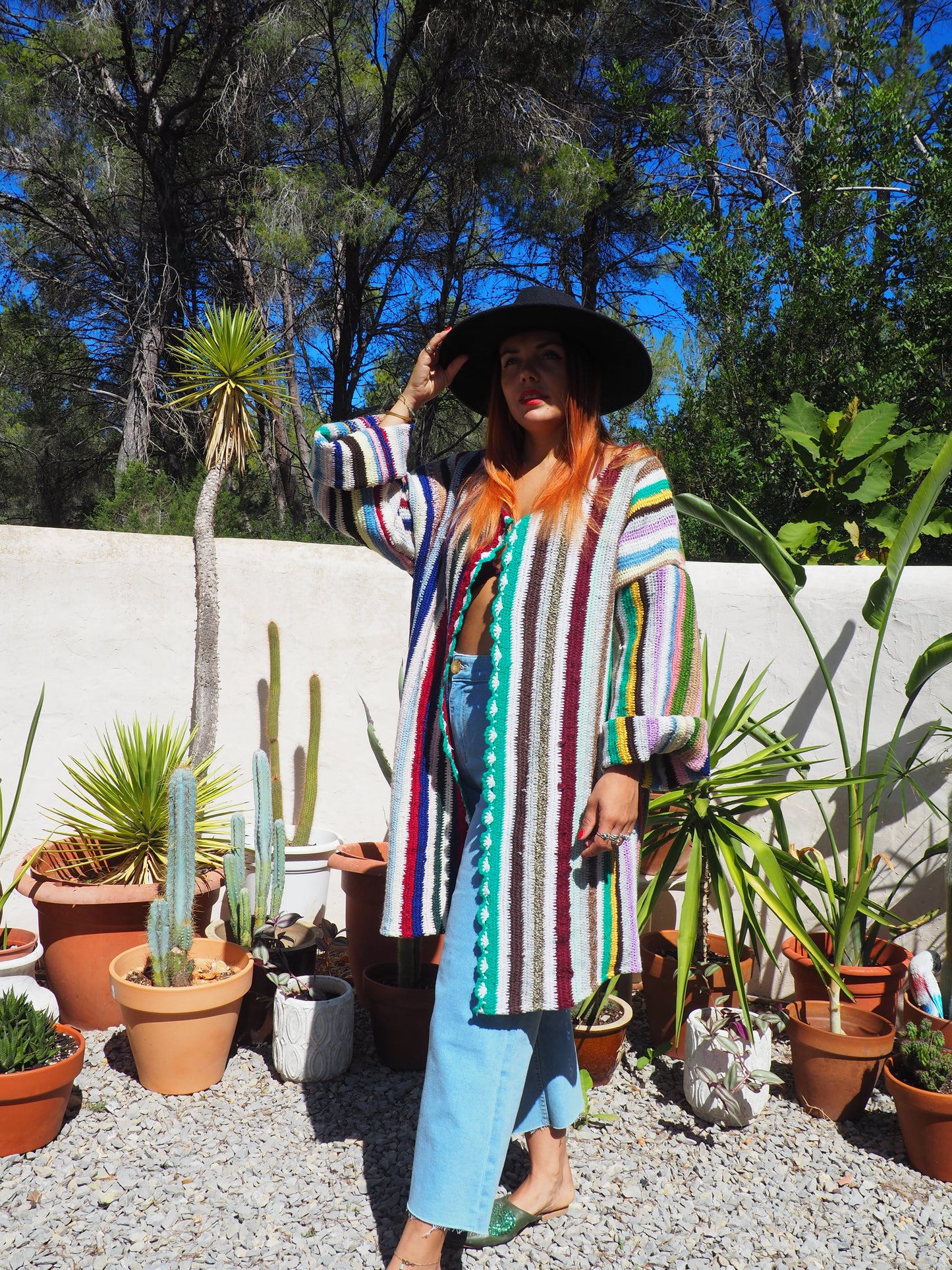 Vintage striped rainbow wool and cotton crochet jacket up-cycled by Vagabond Ibiza