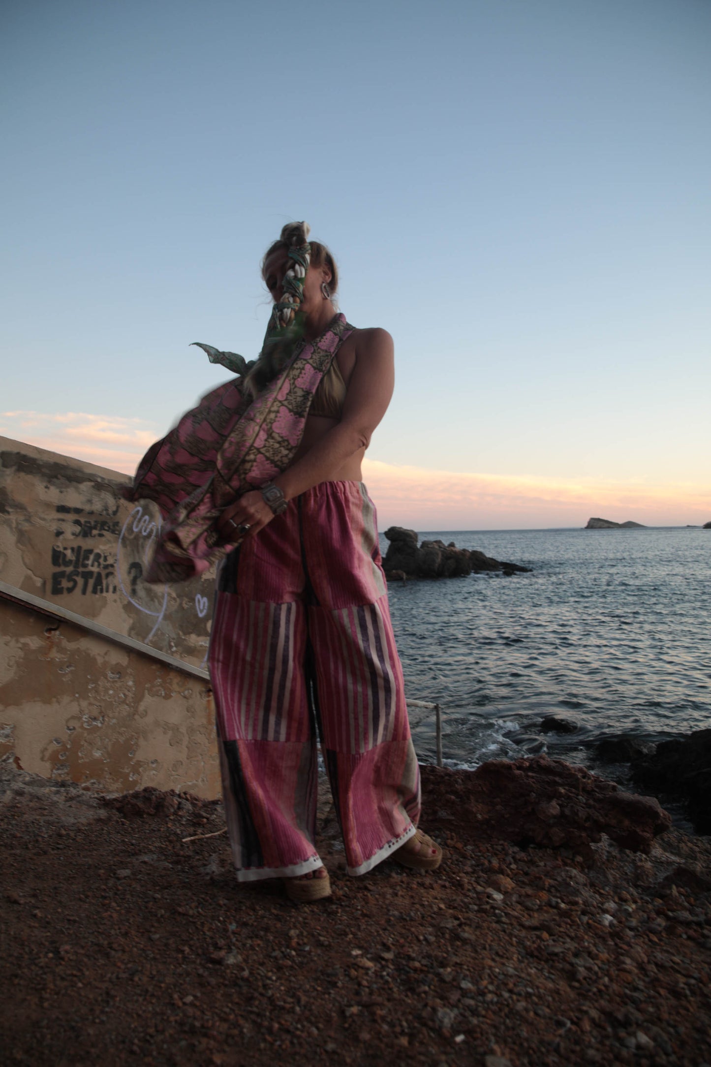 Up-cycled vintage cotton wide leg pants made by Vagabond Ibiza with pink painted design