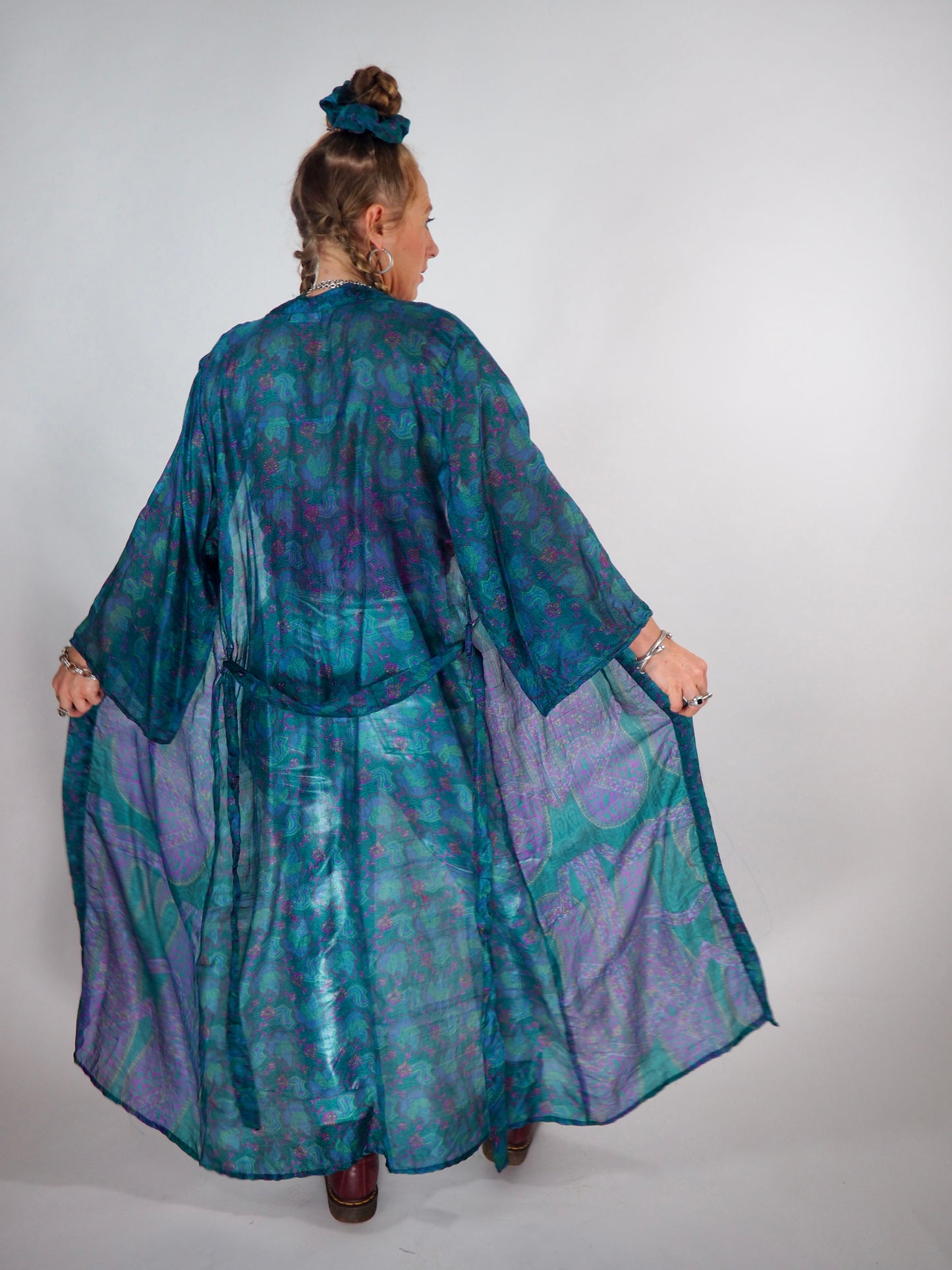 The Kardash Long Kimono – Up-cycled Vintage Sari long Kimono Robe with Waist Tie + Matching Scrunchy & Storage Bag