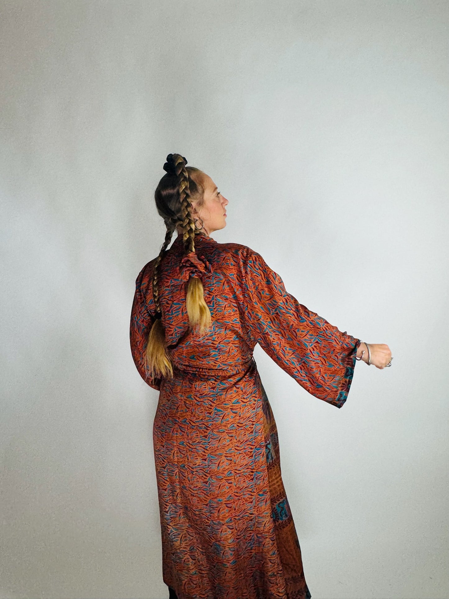 The Kardash Long Kimono – Up-cycled Vintage Sari long Kimono Robe with Waist Tie + Matching Scrunchy & Storage Bag